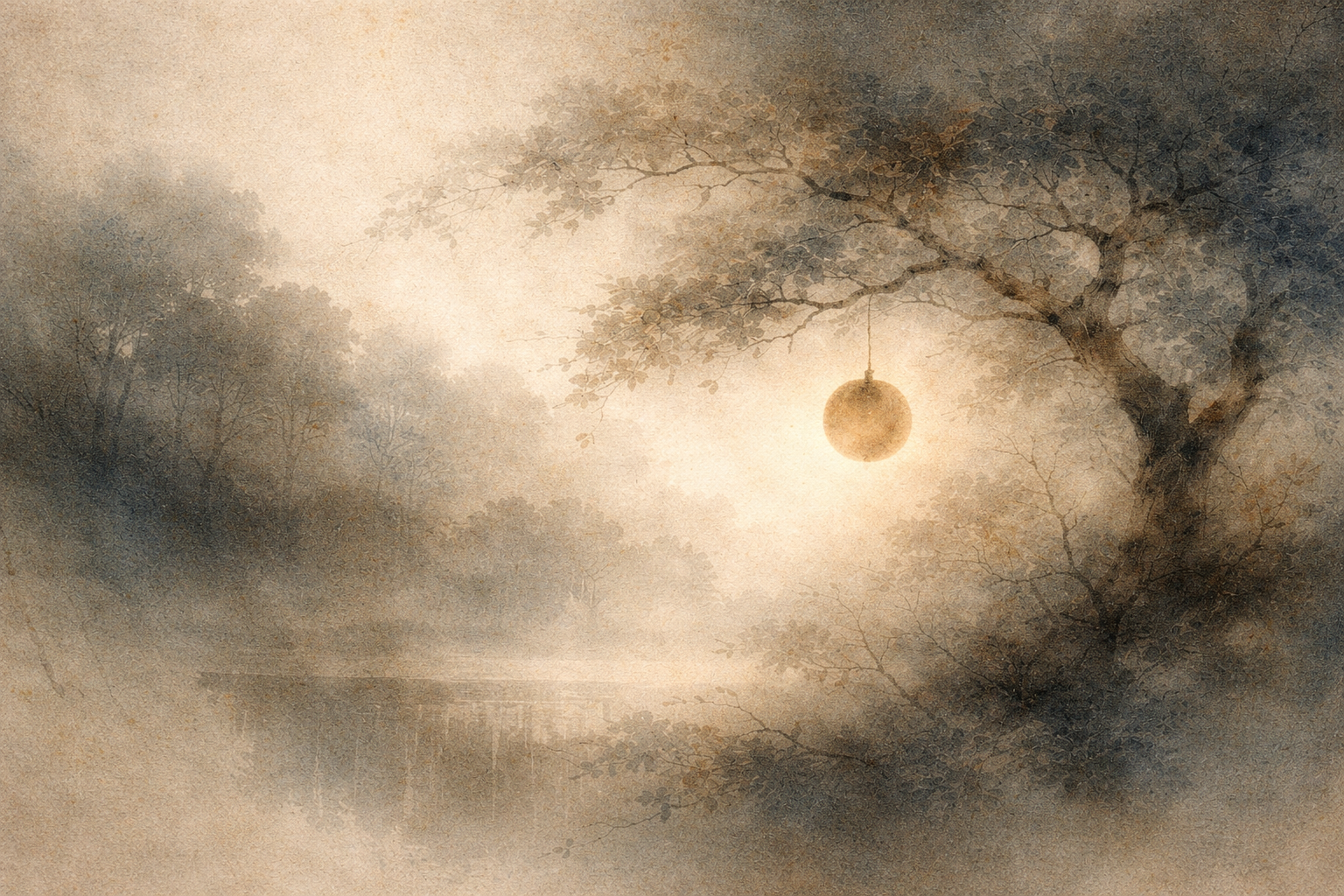 Atmospheric watercolor-style illustration of a quiet tree with a single hanging lantern glowing softly in a misty landscape, symbolizing insight, truth, and the gentle illumination of wisdom.