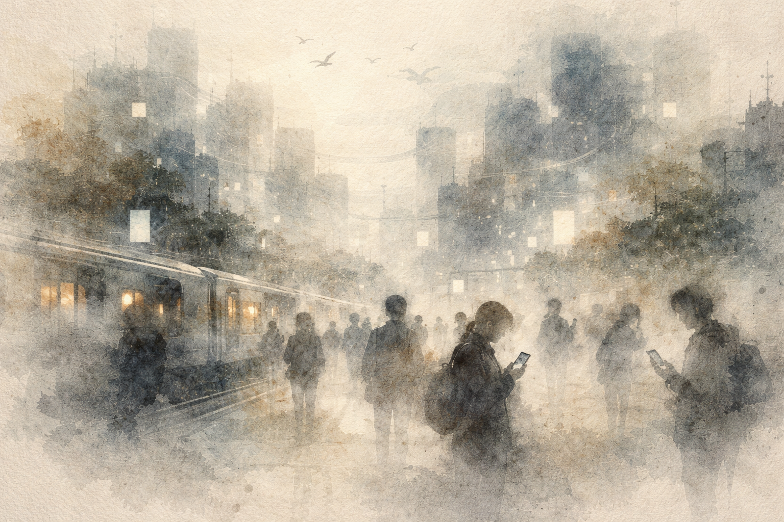 電車のそばでスマートフォンを見ながら歩く人々が描かれた現代都市の水彩風イラスト。創造神への信仰を前提としない仏教の特徴と無神論との関係を示唆し、信仰よりも経験や倫理、洞察を重視する仏教思想を象徴している。