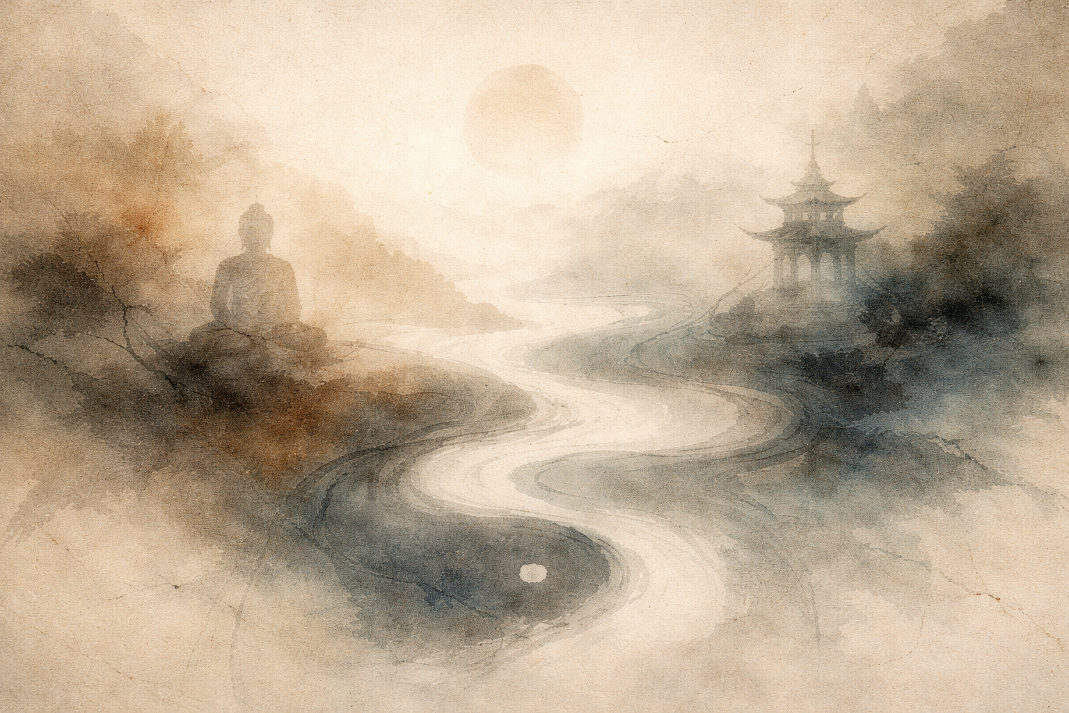 Soft watercolor-style illustration of a meditating Buddha on one side and a distant traditional pagoda on the other, connected by a winding path through a misty landscape, symbolizing the contrast between Buddhism’s inward spiritual path and Confucianism’s structured social philosophy, both guiding individuals toward harmony and ethical living.