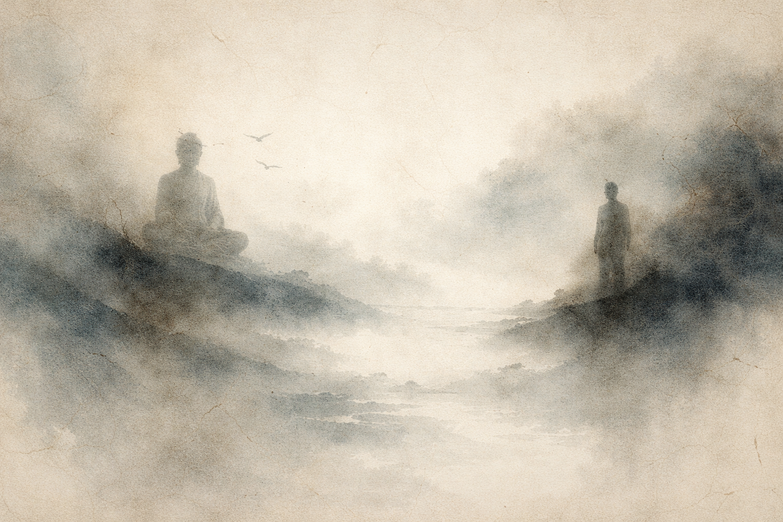 Watercolor-style illustration of a serene Buddha meditating atop a mist-covered hillside, facing a solitary human figure standing on another hill across a quiet valley. The soft, minimal landscape symbolizes the comparison between Buddhism and Cynicism, both emphasizing simplicity, detachment, and freedom from unnecessary desires, yet differing in tone, intention, and philosophical outlook.
