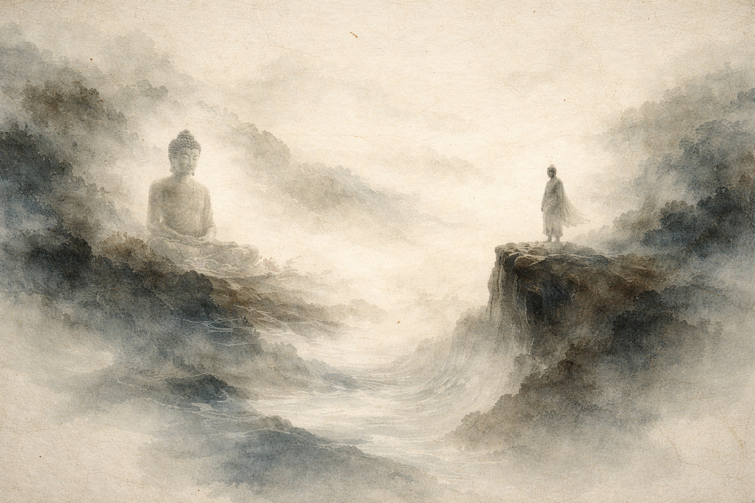 Watercolor-style illustration of a lone figure standing on the edge of a cliff, gazing across a mist-filled valley toward a serene Buddha meditating among distant mountains. The scene symbolizes the philosophical question of determinism versus Buddhist teachings on karma, choice, and the possibility of awakening, visually expressing the tension between fate and personal transformation.