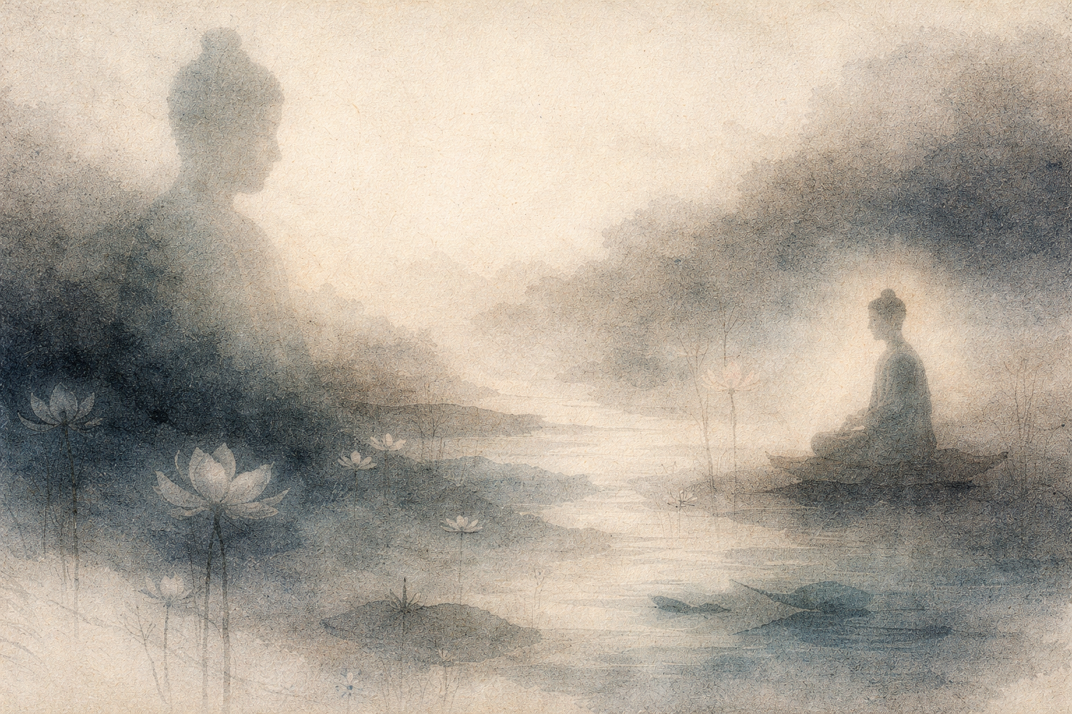 Watercolor-style illustration of two contemplative figures emerging softly from a misty landscape with lotus flowers and calm waters, symbolizing the philosophical comparison between Buddhism and dualism. The imagery reflects the question of whether mind and reality are separate or interconnected, expressing the contrast between dualistic thought and the Buddhist understanding of interdependence and non-separation.