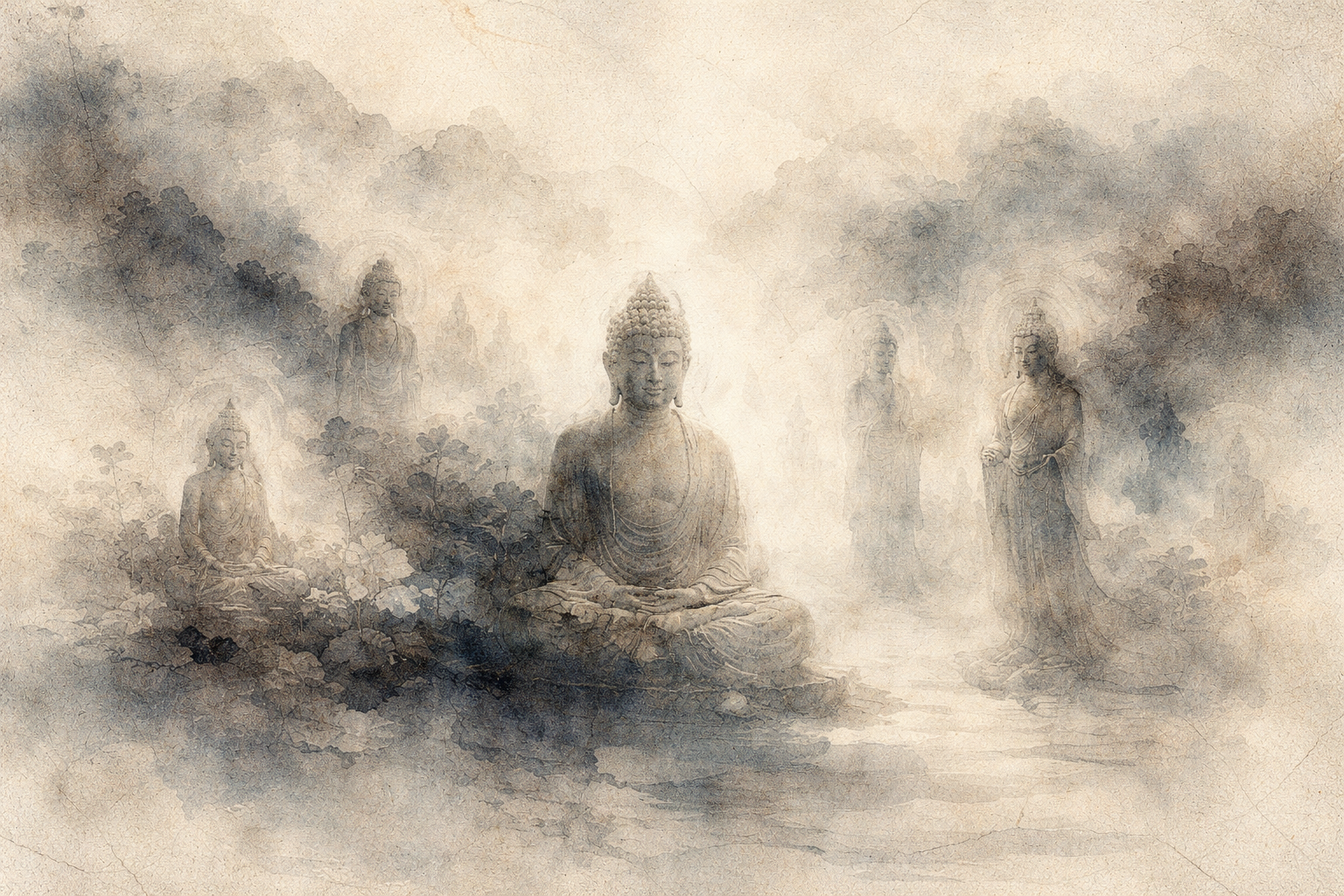 Watercolor-style illustration of multiple serene Buddha figures appearing gently through a misty natural landscape, symbolizing contemplation of happiness, desire, and inner peace. The layered figures evoke philosophical reflection on how Buddhism and Epicureanism each approach the pursuit of happiness, suggesting differing paths toward tranquility through understanding desire and reducing suffering.