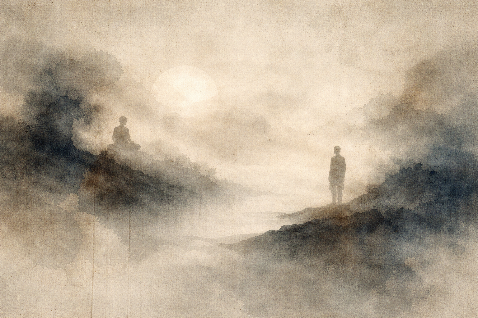 Atmospheric watercolor-style illustration of a meditating figure on one hillside and a solitary standing figure on another, separated by mist and soft light, symbolizing the contrast between Buddhism and Existentialism—two perspectives that explore meaning, suffering, and human freedom through introspection, awareness, and the search for authentic understanding of life.