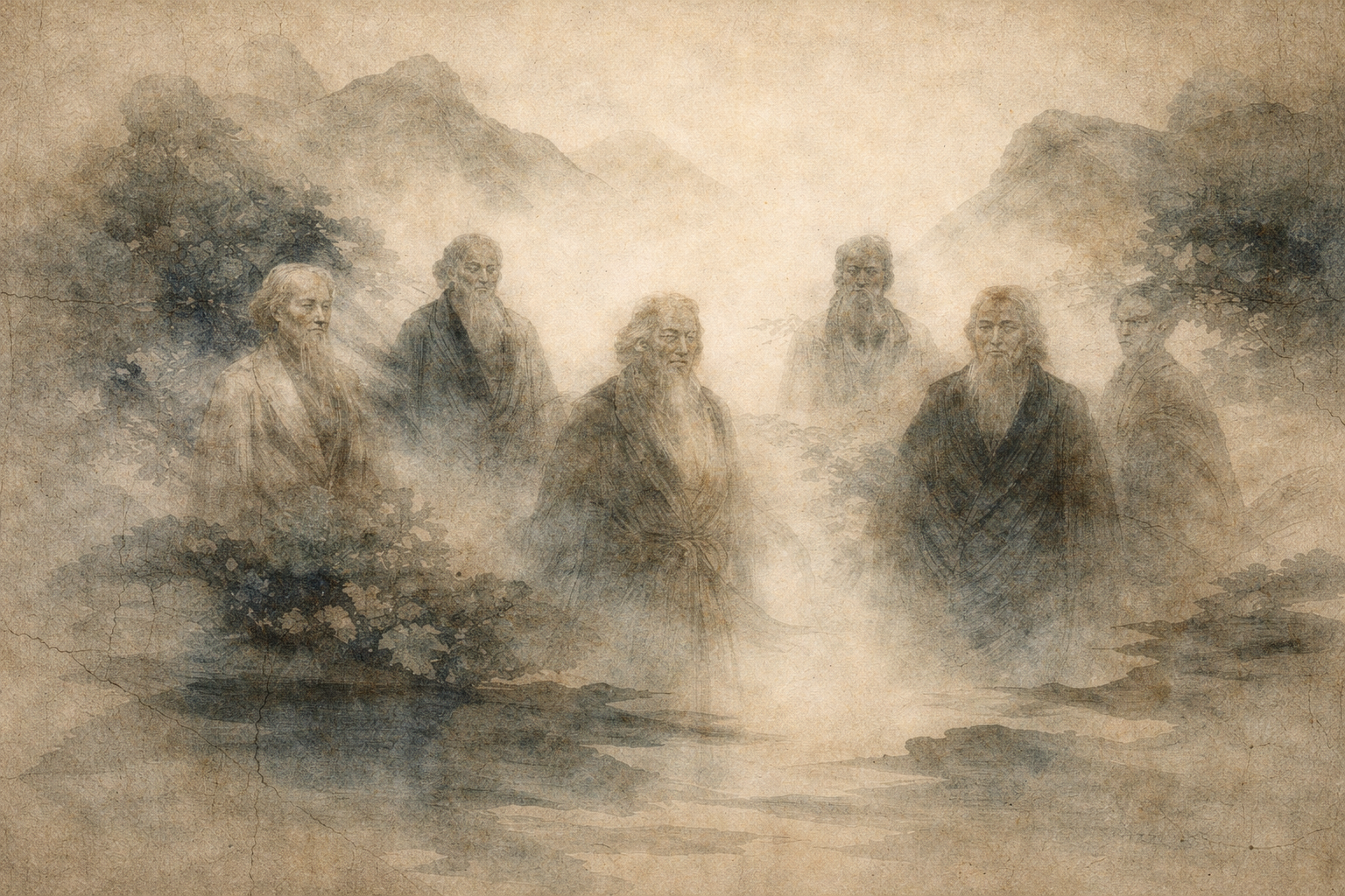 Watercolor-style illustration of a group of ancient philosopher-like figures gathered in a misty landscape, symbolizing the meeting of Eastern and Western intellectual traditions. The image reflects the comparison between Buddhism and Greek philosophy, highlighting shared themes of wisdom, ethics, and the search for truth, while suggesting different approaches to understanding reality and human existence.