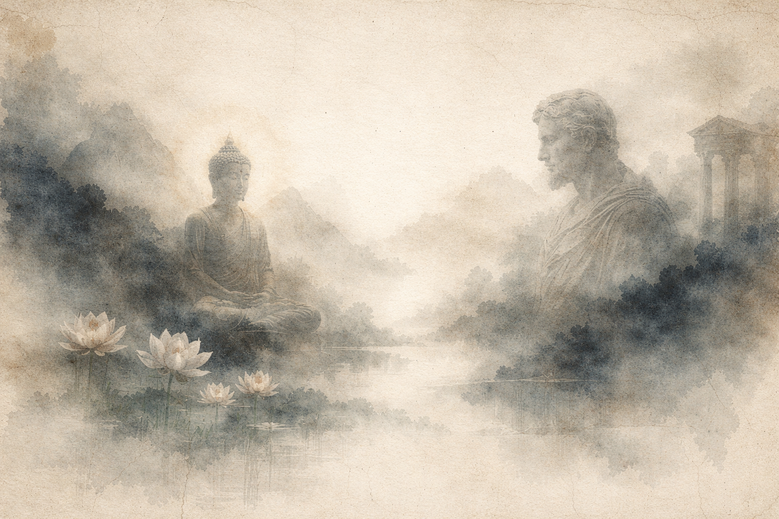 霧に包まれた山々と蓮の花に囲まれ、瞑想する仏と古典的な人間像が向かい合うように描かれた水彩風イラスト。創造神に依らず、倫理や人生の意味、智慧を探求する仏教とヒューマニズムという二つの思想が、慈悲や理性、人間の成長を重視する点で交わる様子を象徴している。