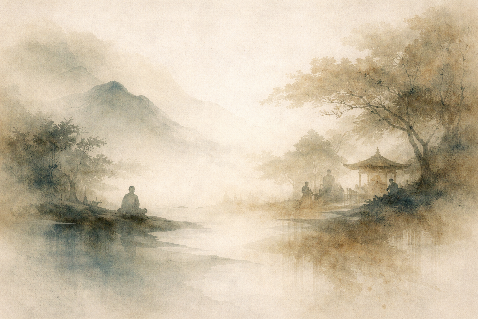 Watercolor-style illustration of a tranquil landscape featuring a solitary meditator seated quietly by the water on one side, while a small group gathers in thoughtful discussion near a pavilion on the other. The scene symbolizes the philosophical comparison between Buddhism and idealism, exploring different perspectives on how reality is perceived, experienced, and understood through mind and awareness.