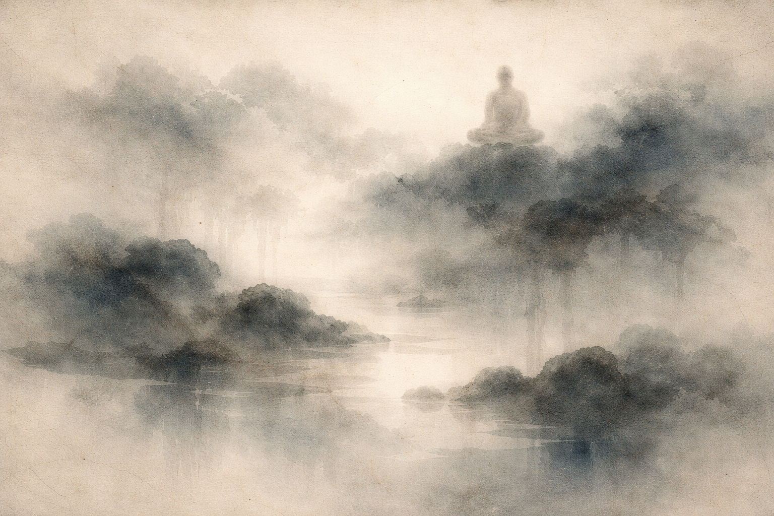 Soft watercolor-style illustration of a distant meditating figure emerging from a misty landscape of water and trees, symbolizing contemplation of life and suffering, used to represent a thoughtful comparison between Buddhism and Islam as spiritual traditions that offer different perspectives on the meaning of life, human struggle, and the path toward inner peace and moral understanding.