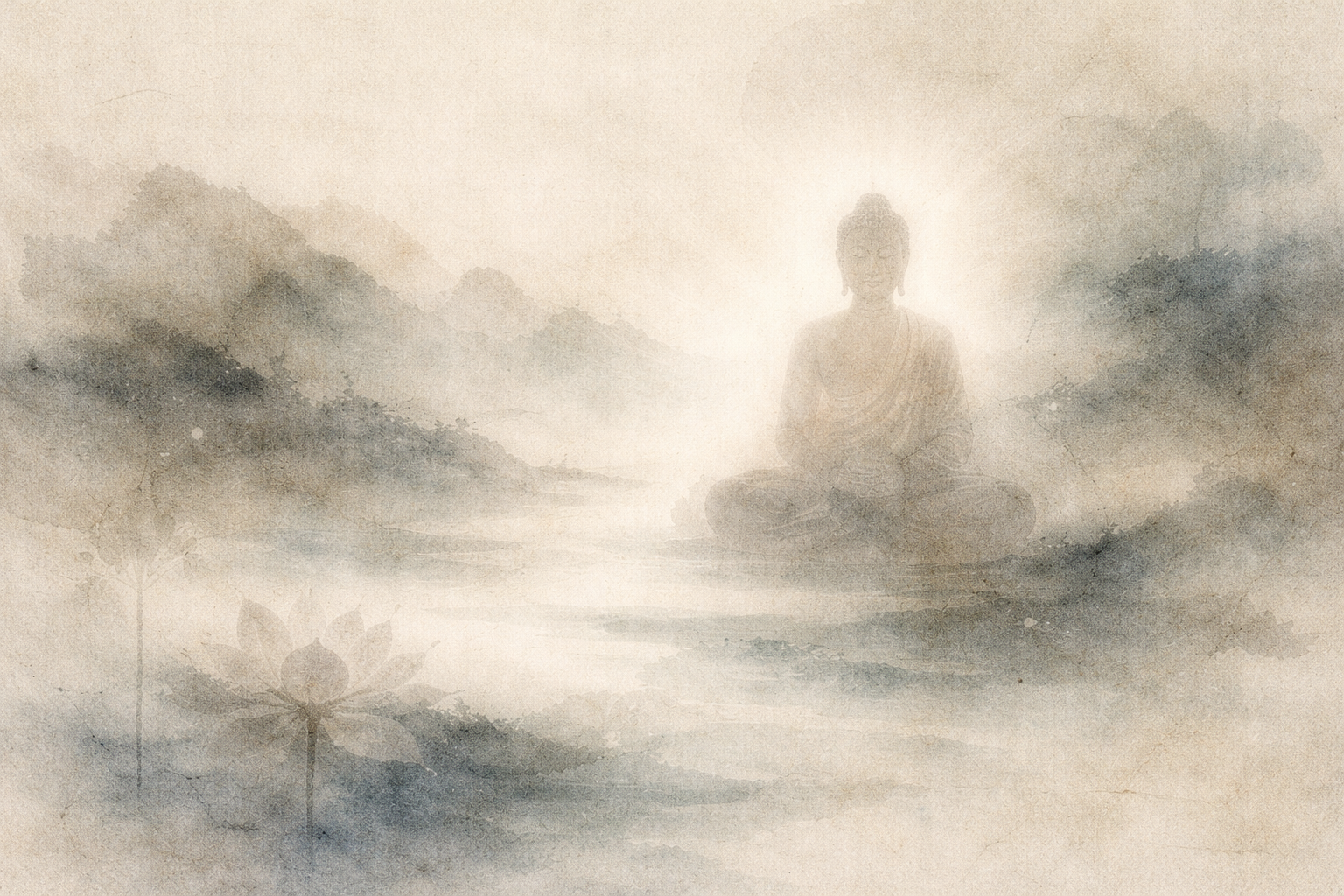 Soft watercolor-style illustration of a serene meditating Buddha emerging from a misty landscape with a lotus in the foreground, symbolizing purity, non-violence, and spiritual discipline, used to represent the comparison between Buddhism and Jainism as two ancient Indian traditions that emphasize ethical conduct, liberation from suffering, and the cultivation of inner awareness through different philosophical approaches.
