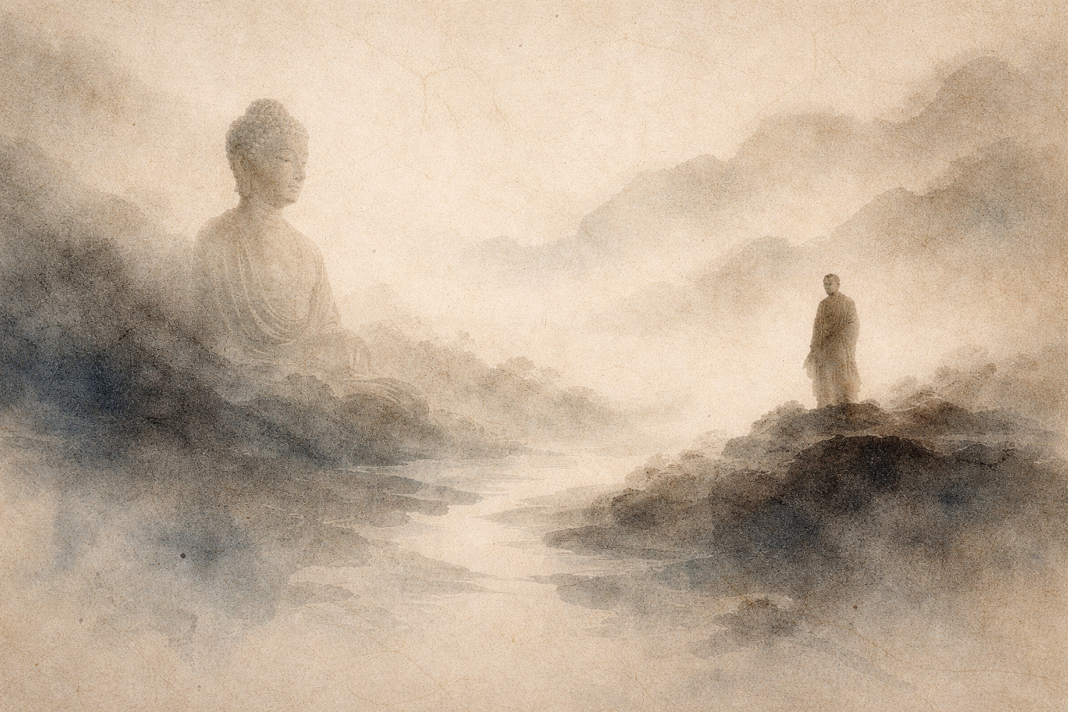 Soft watercolor-style illustration of a contemplative figure standing in a misty landscape facing a serene Buddha presence, symbolizing the search for wisdom and understanding, used to represent the comparison between Buddhism and Judaism as traditions offering different perspectives on belief, the concept of God, and the path toward ethical insight and spiritual depth.