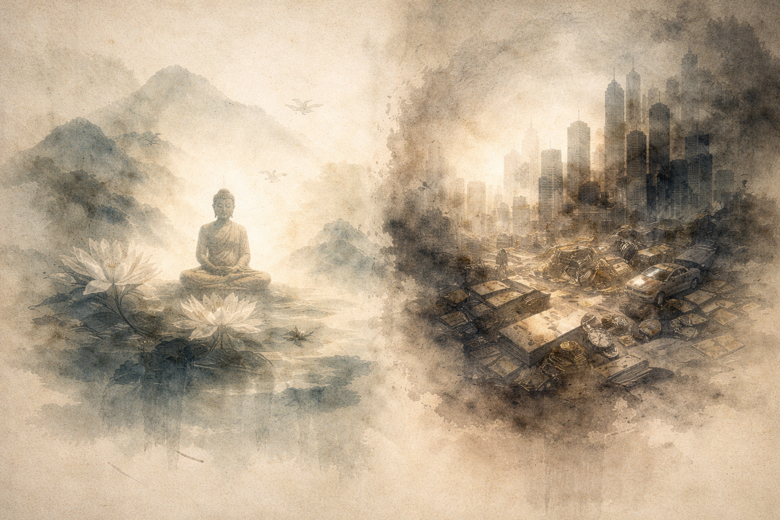 水彩風のイラストで、左右に対照的な二つの場面が描かれている。一方には、蓮の花に囲まれた穏やかな自然の中で瞑想する仏の姿があり、内面的な気づきや精神的洞察を象徴している。もう一方には、車や物にあふれた現代都市が描かれ、物質的成功や外的価値を重視する物質主義を表している。仏教の内面への道と、物質主義の外側への志向の対比を視覚的に示している。