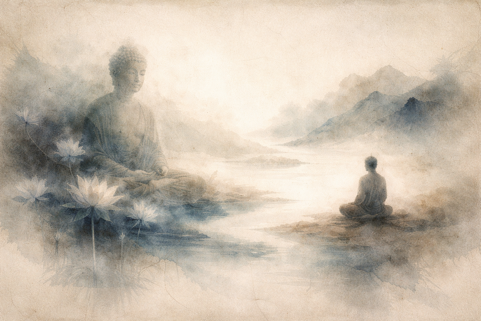 Gentle watercolor-style illustration of a serene Buddha figure and a modern meditator seated separately within a tranquil landscape of mountains, water, and lotus flowers, symbolizing the relationship between Buddhism and mindfulness—showing how mindfulness originates from Buddhist practice yet is often adapted today as a secular approach to awareness, focus, and emotional well-being.