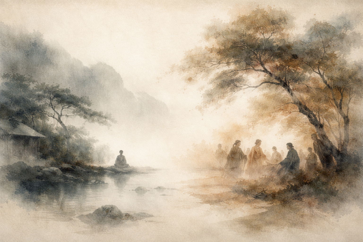 Watercolor-style illustration of a solitary meditator seated peacefully by a quiet river on one side, and a small group of people gathered together on the other, symbolizing the contrast between traditional Buddhist meditation rooted in spiritual awakening and modern meditation often practiced for stress reduction, well-being, and personal development in contemporary society.
