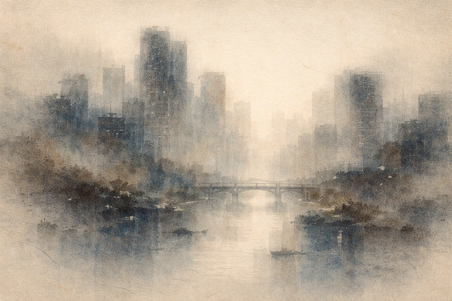 Watercolor-style illustration of a quiet modern city skyline softened by mist, with tall buildings rising behind a calm river and a simple bridge connecting the two sides. The atmospheric composition symbolizes the relationship between Buddhism and modern psychology, highlighting areas of overlap such as mindfulness, emotional awareness, and practical approaches to reducing suffering in contemporary life.