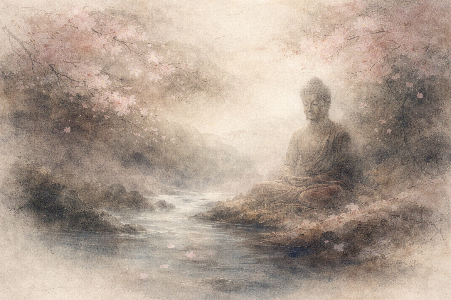 Watercolor-style illustration of a serene Buddha seated in meditation beside a gentle flowing stream, surrounded by soft mist and delicate cherry blossoms. The peaceful natural setting symbolizes the comparison between Buddhism and New Age spirituality, highlighting themes of inner transformation, spiritual practice, and differing interpretations of enlightenment, self, and harmony with the universe.