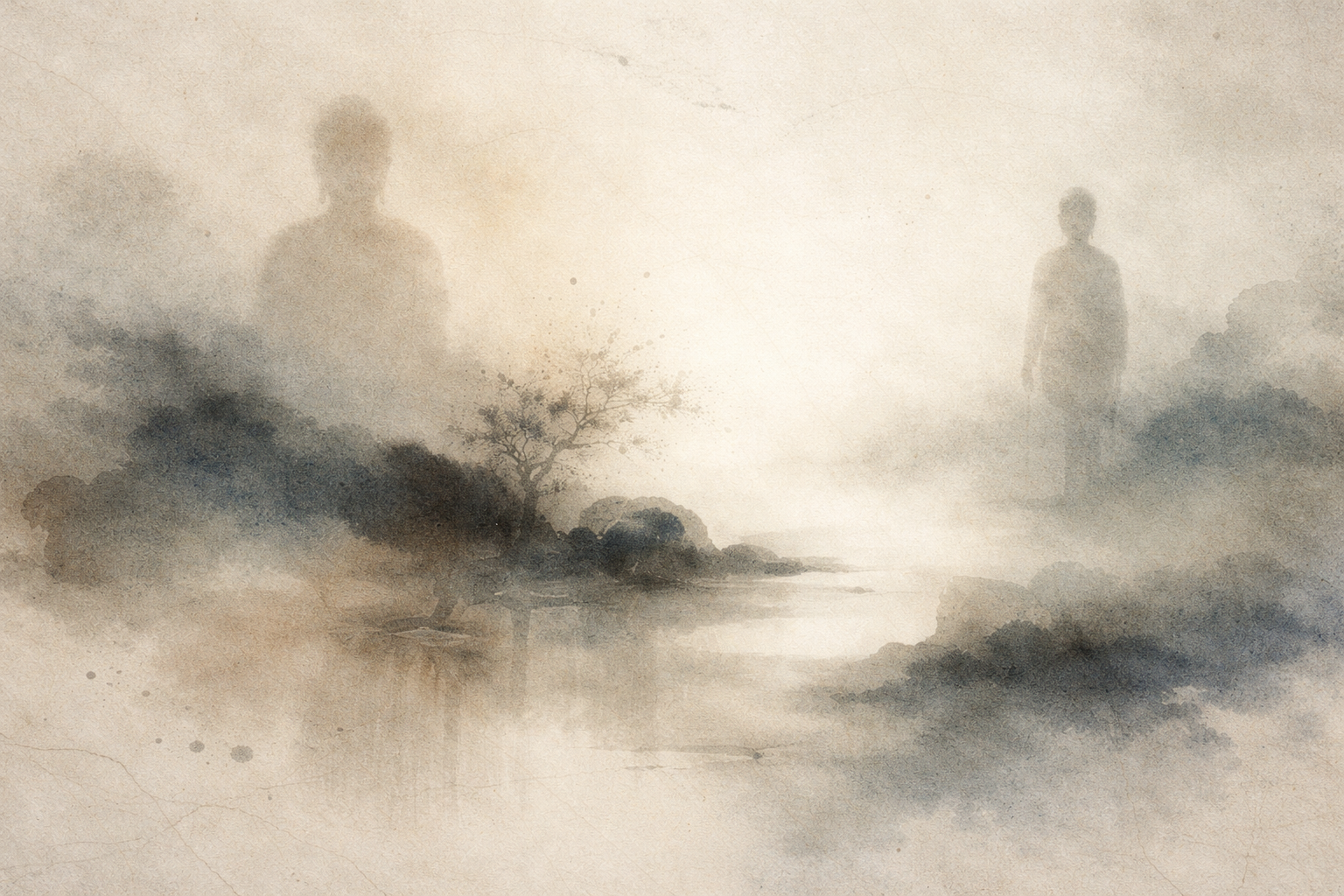Subtle watercolor-style illustration of two faint human silhouettes separated by a misty landscape with a small solitary tree, symbolizing the contrast between Buddhism and Nihilism—two perspectives often confused, yet fundamentally different in their understanding of meaning, emptiness, and the possibility of wisdom and compassionate insight.