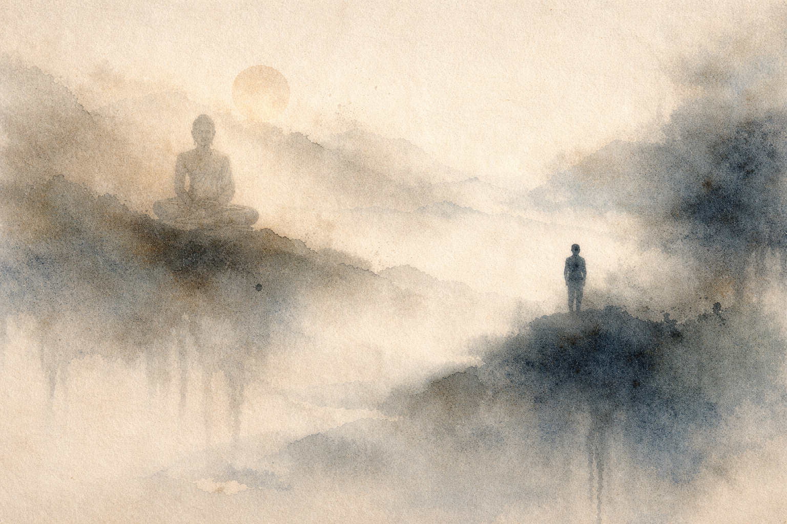 Watercolor-style illustration of a calm Buddha meditating on a mist-covered hill, facing a solitary human figure standing on a distant ridge beneath a soft rising sun. The tranquil, minimalist landscape symbolizes the comparison between Buddhism and Pragmatism, highlighting the relationship between truth and practical application, inner realization, and lived experience.