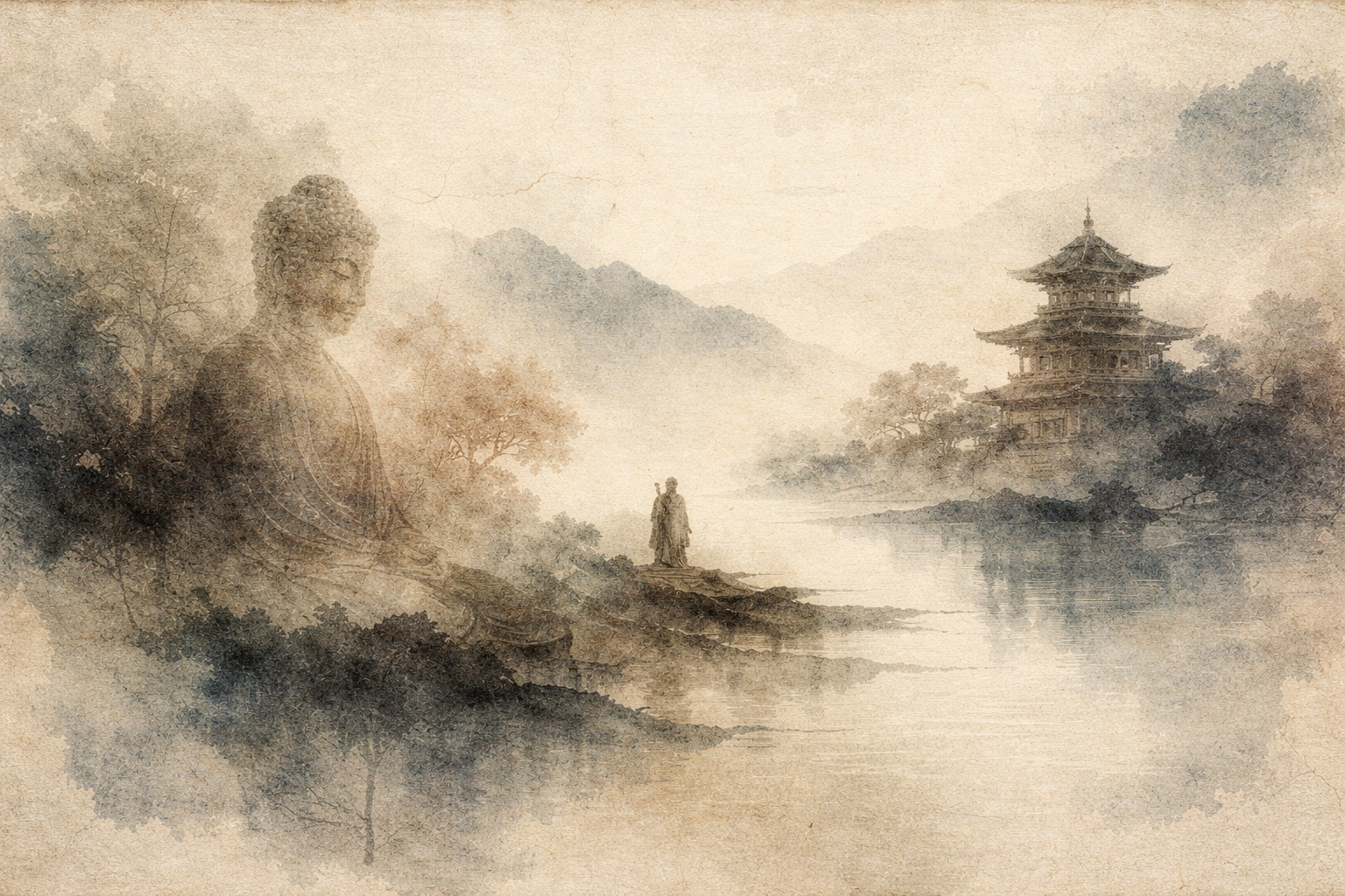 Watercolor-style illustration of a tranquil Buddhist landscape featuring a large serene Buddha figure emerging from mist on one side, while a lone person stands thoughtfully near a calm river facing a distant traditional pagoda. The composition symbolizes the comparison between Buddhism and secular mindfulness, contrasting ancient spiritual tradition with modern practical approaches to awareness and mental well-being.