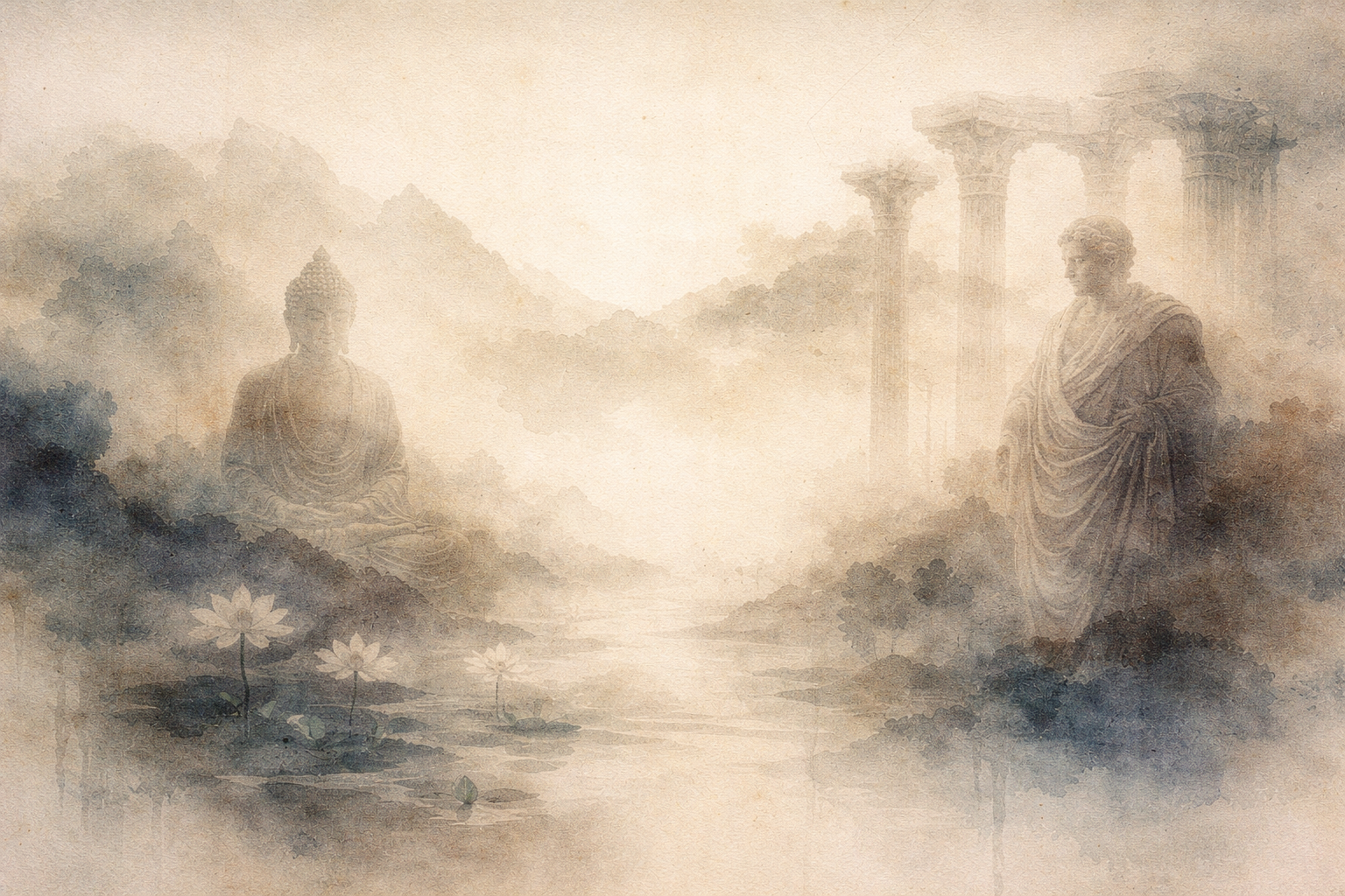霧に包まれた風景の片側で静かに瞑想する仏と、古代の柱のそばで思索する西洋哲学者を描いた水彩風イラスト。中央に咲く蓮の花は、仏教と自己啓発哲学の比較を象徴し、解放や洞察を重視する普遍的な智慧と、成長や成功を重視する現代的なモチベーション思想の違いを表している。