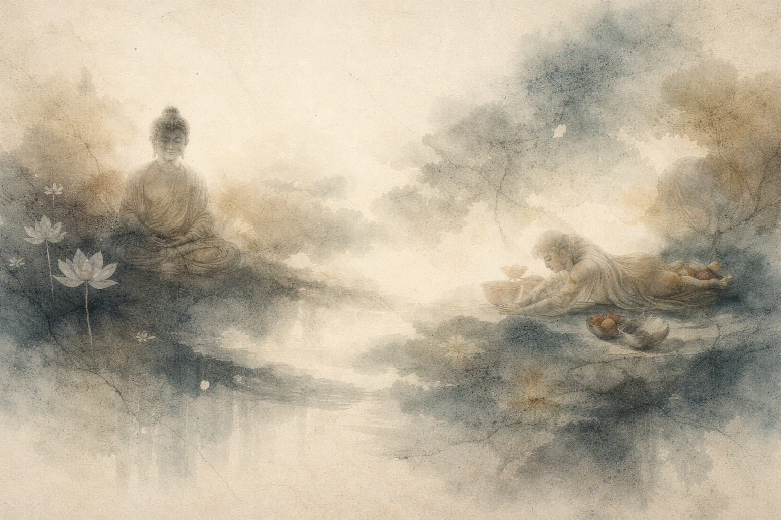 Soft watercolor-style illustration of a meditating Buddha on one side and a humble figure making an offering on the other, surrounded by mist and lotus flowers, symbolizing the contrast between Buddhism’s inward path of enlightenment and Shinto’s reverence for nature and ritual, representing two complementary spiritual traditions that shape Japanese culture and understanding of harmony.