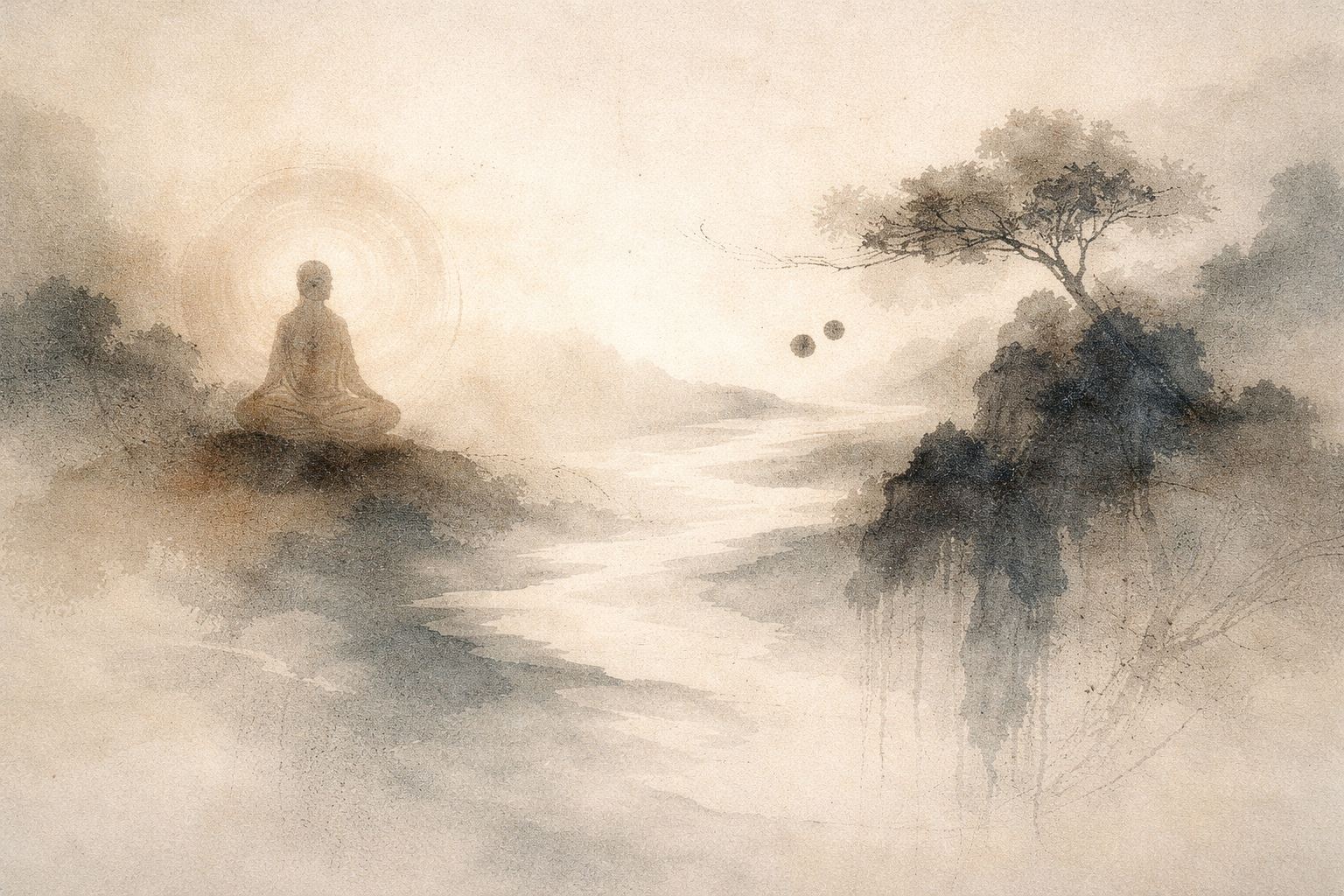 柔らかな光の輪に包まれて瞑想する人物と、静かな風景に立つ一本の木を描いた水彩風イラスト。精神的な探求と実践を象徴し、内面的な成長や倫理的な生き方を重視しながらも、それぞれ異なる信念と伝統を持つ仏教とシク教の違いを表している。