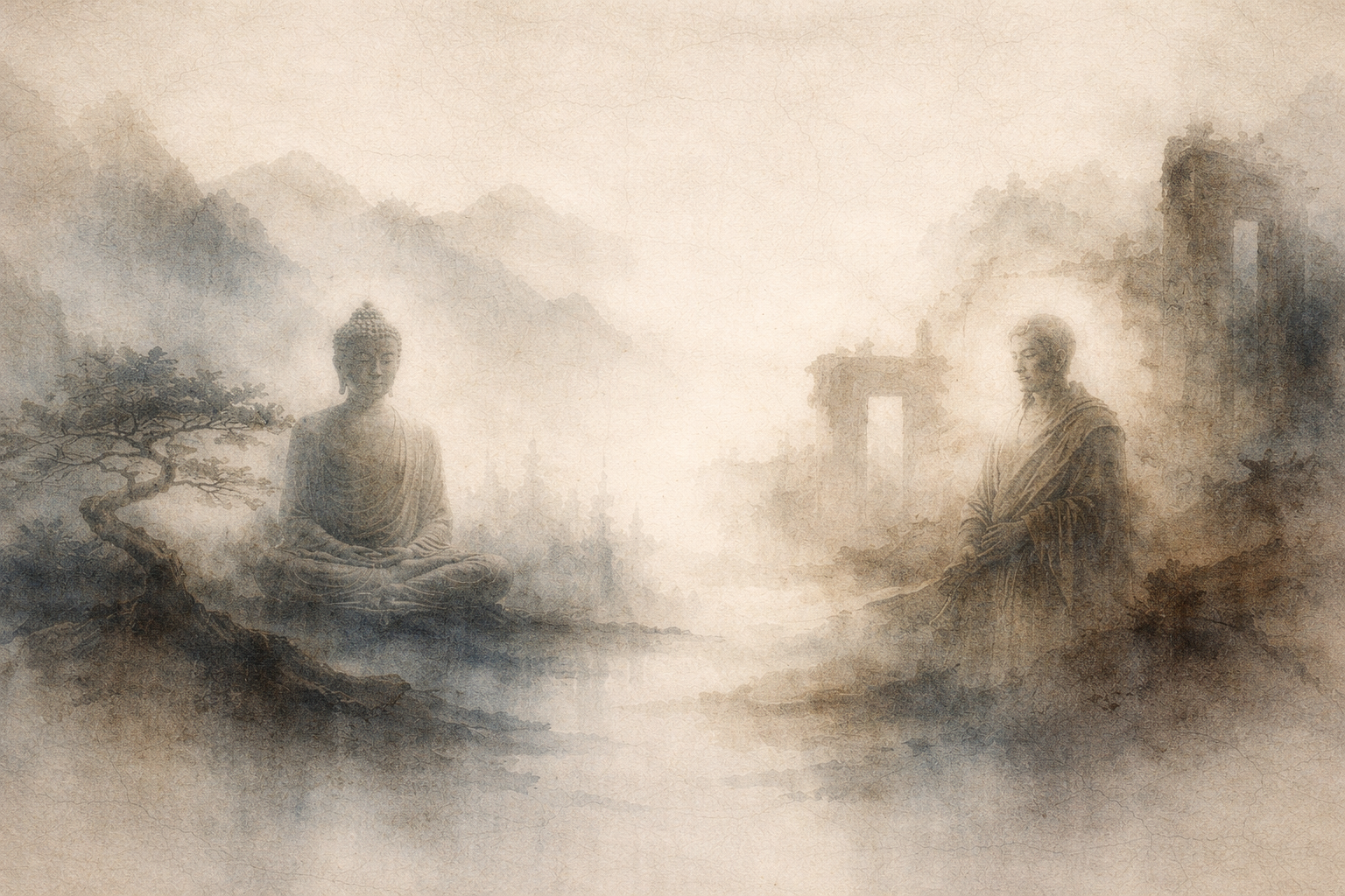 一方に瞑想する仏、もう一方に遺跡の中で思索する哲学者のような人物が描かれた水彩風イラスト。霧に包まれた風景が、疑い・探求・直接体験を通じて真理を探る仏教と懐疑主義の対話を象徴している。