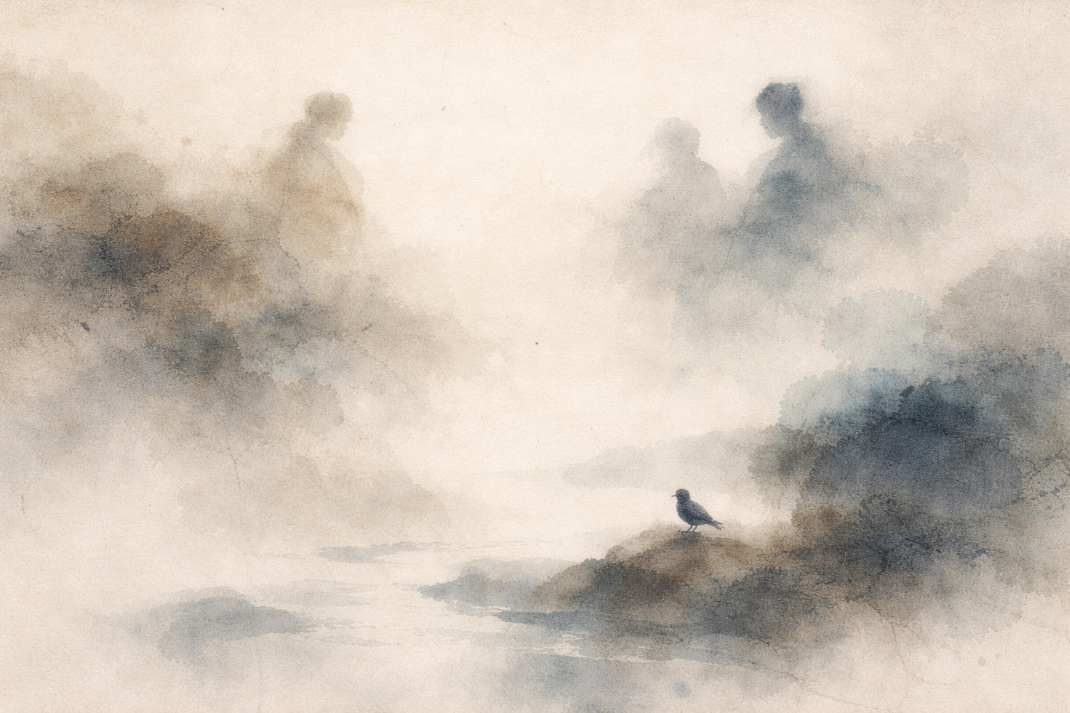 Watercolor-style illustration of a quiet, mist-filled landscape where faint human silhouettes emerge softly from the haze, while a small solitary bird stands on a rocky shore near still water. The minimal and contemplative composition symbolizes the contrast between Buddhism and spiritualism, reflecting differing views on reality, perception, and the nature of existence beyond appearances.