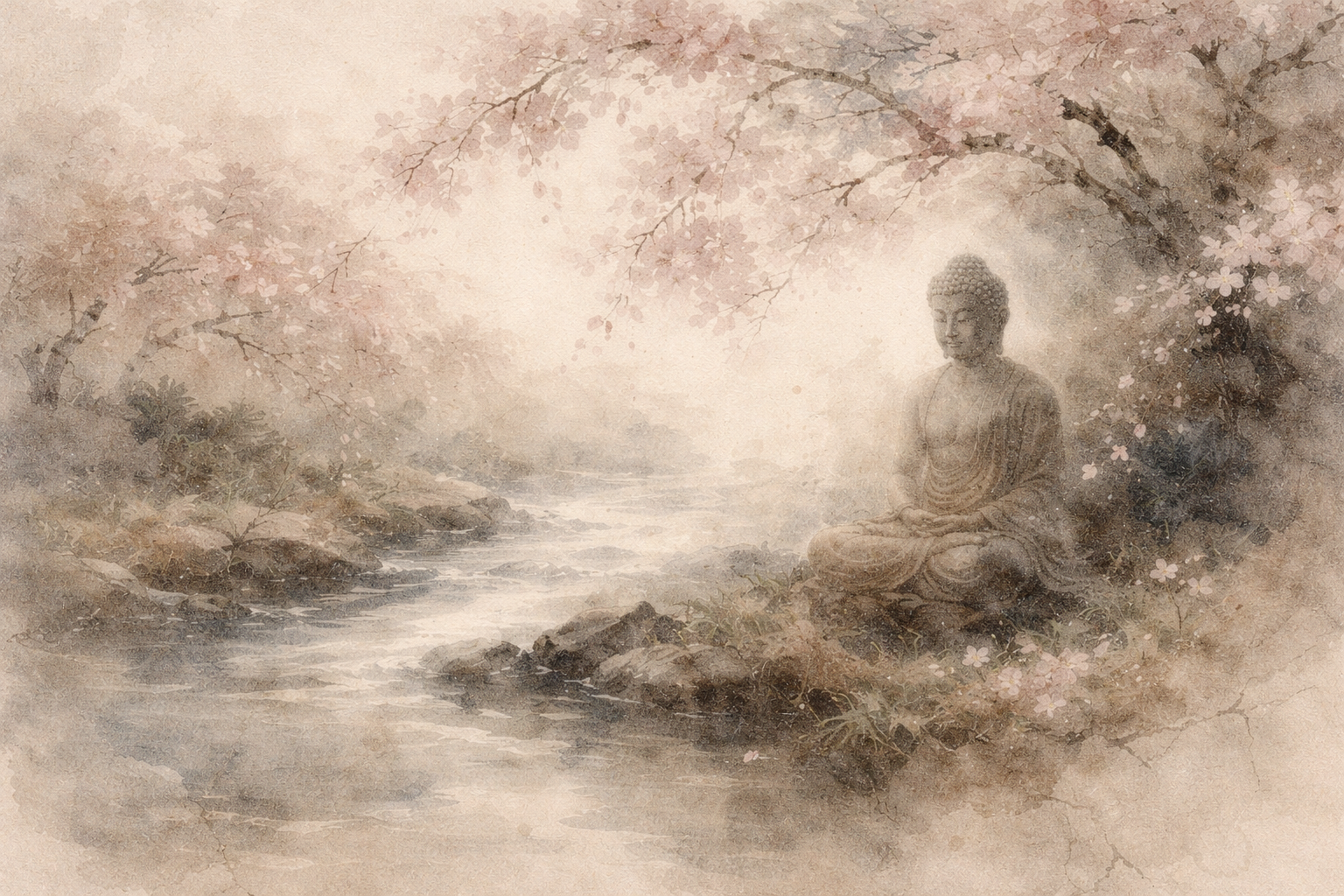 花の咲く枝の下で、静かに流れる小川のそばに座って瞑想する仏を描いた水彩風イラスト。心の鍛錬や智慧、そして人生の変化を受け入れる姿勢によって苦しみからの自由を目指す思想としての仏教とストア哲学の比較を象徴している。