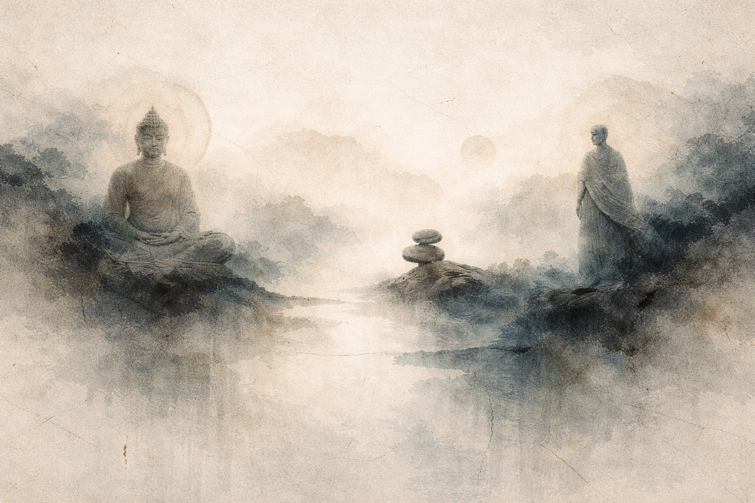 Serene watercolor-style illustration of a meditating Buddha on one side and a contemplative figure standing near balanced stones on the other, set within a misty landscape, symbolizing the comparison between Buddhism and Stoicism—two philosophical traditions that offer practical approaches to resilience, emotional balance, and finding meaning in modern life.