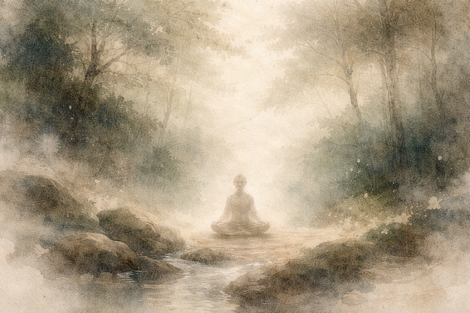 Watercolor-style illustration of a solitary figure meditating peacefully in a softly glowing forest clearing beside a gentle stream, symbolizing the exploration of two spiritual paths—Buddhism and Tantra—both seeking transformation and awakening, yet often differing in methods, symbolism, and approaches to spiritual realization.