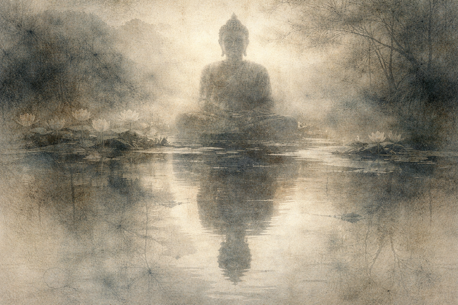 Soft watercolor-style illustration of a serene Buddha figure meditating above calm reflective water with lotus flowers, symbolizing inner stillness and spiritual awakening, used to represent the contemplative differences and shared harmony between Buddhism and Taoism as paths toward balance, wisdom, and unity with the natural flow of life.