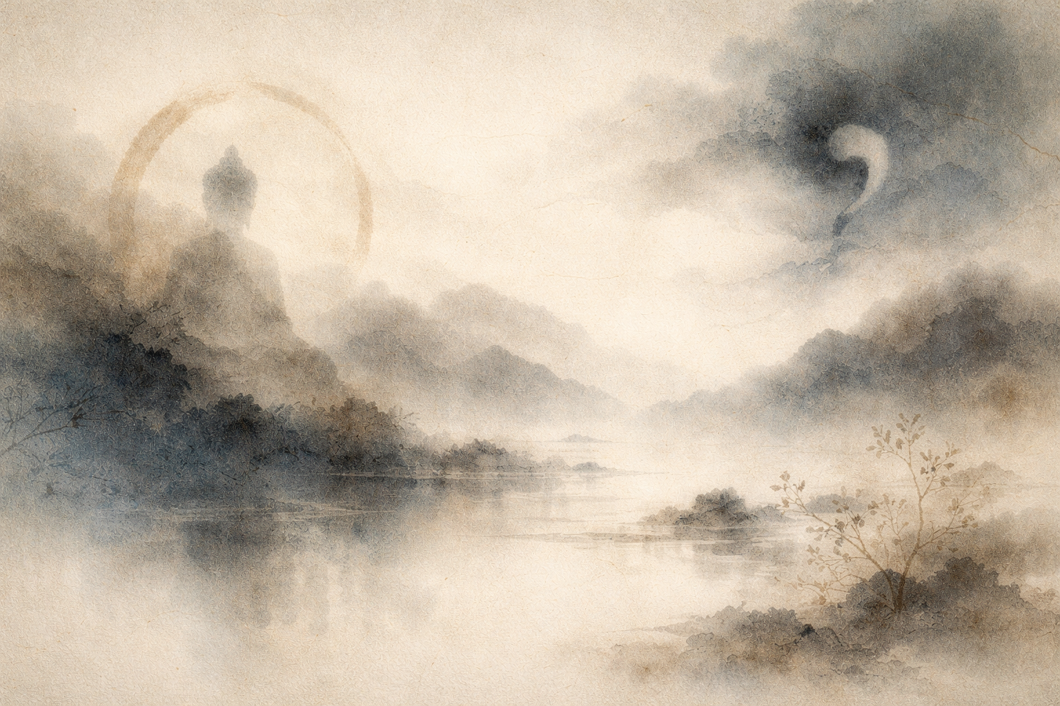 Watercolor-style illustration of a serene landscape with a meditating Buddha-like figure softly emerging from misty mountains, while a subtle question mark forms in the clouds, symbolizing the philosophical dialogue between Buddhism and Vedanta regarding the nature of the self, identity, and ultimate reality.