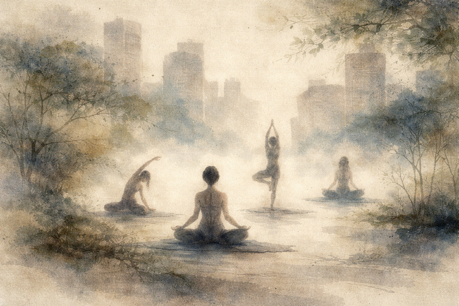 Watercolor-style illustration of several people practicing yoga and meditation in a tranquil natural setting with a distant city skyline, symbolizing the connection and contrast between Buddhist philosophy and yoga philosophy as two different yet complementary paths toward inner peace, balance, and spiritual understanding.