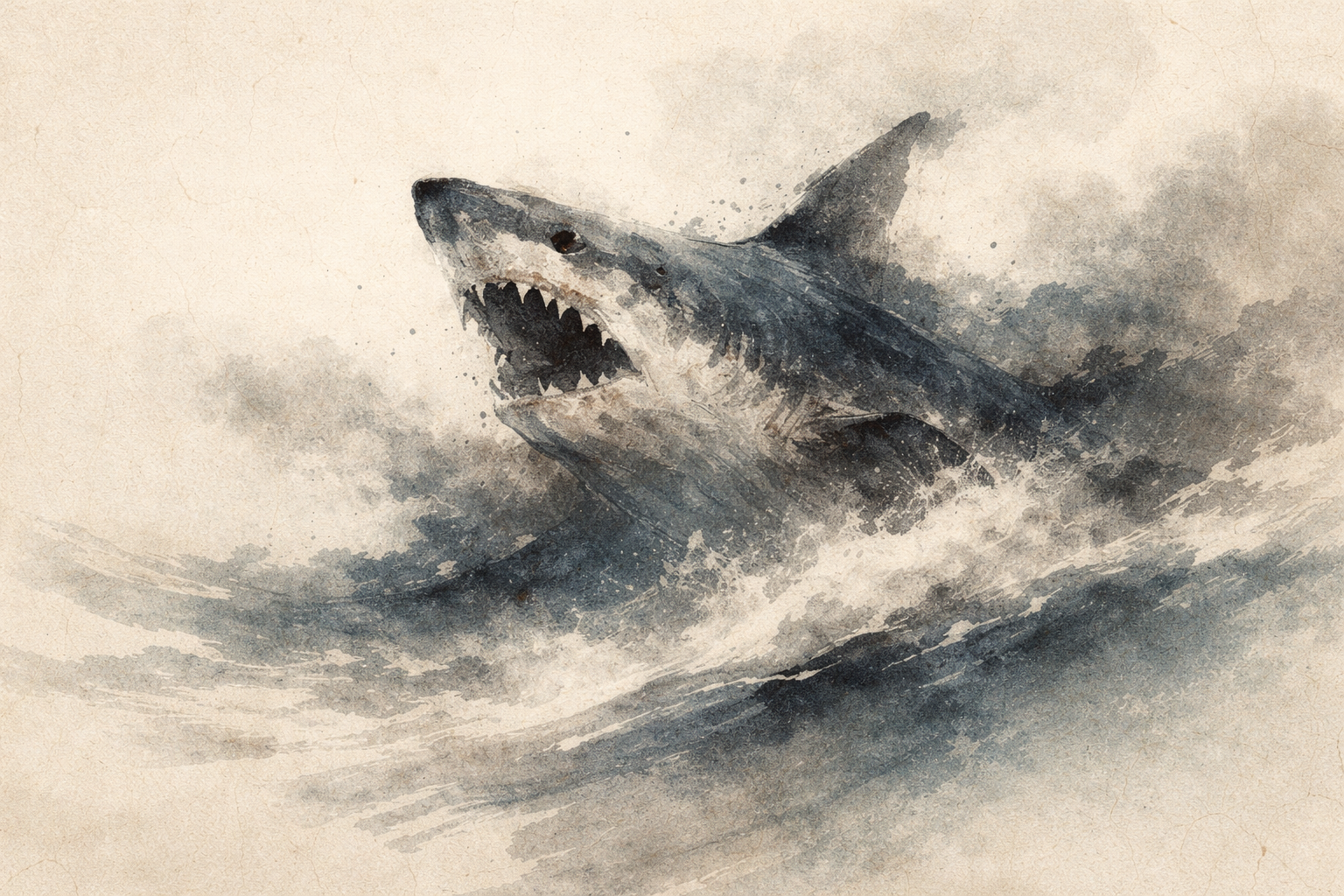 Watercolor-style illustration of a powerful shark bursting through turbulent waves with jaws open, symbolizing the raw force of anger and the inner struggle to transform intense emotions through Buddhist wisdom and mindful awareness.