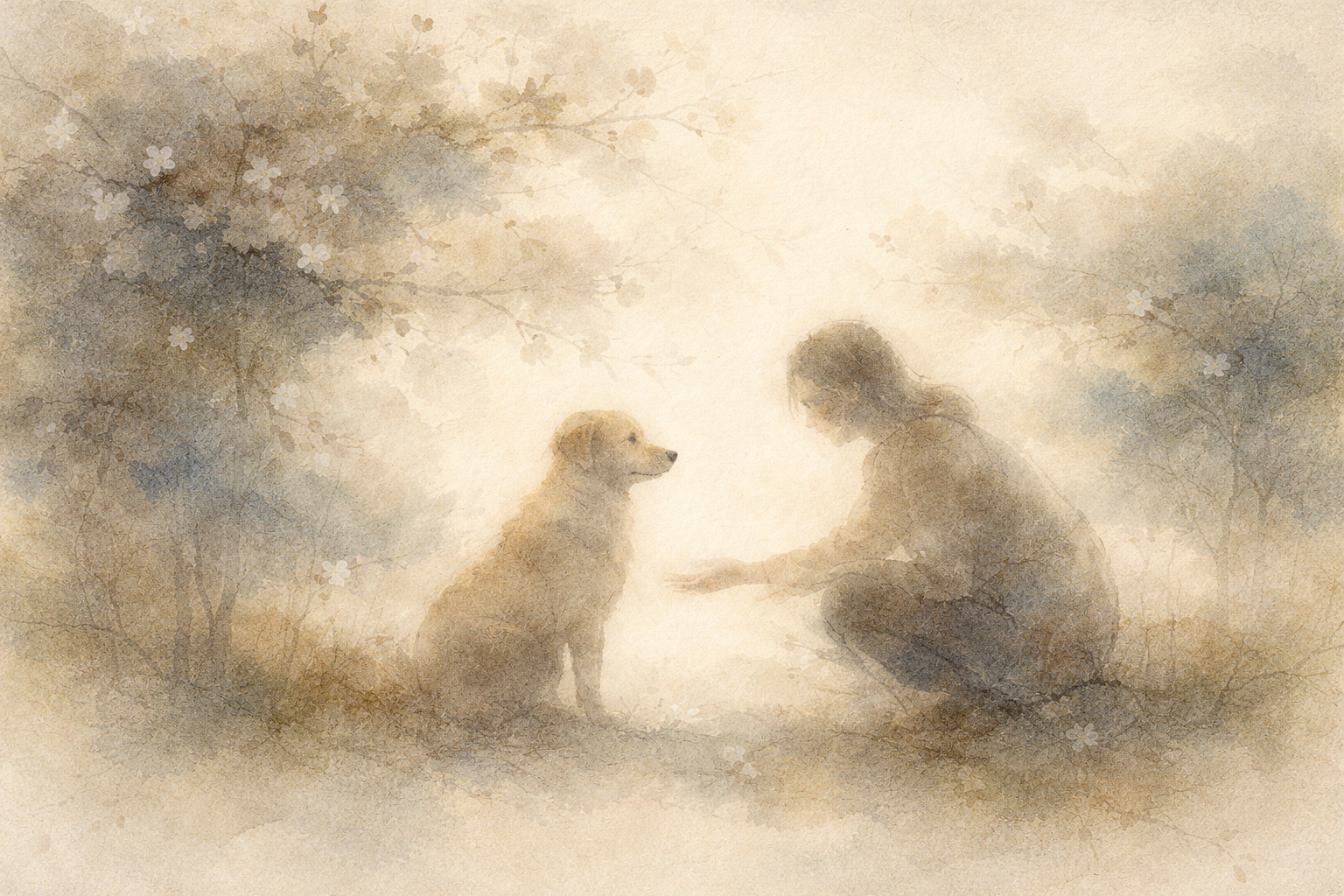 やわらかな霧と淡い花々に包まれた風景の中で、人が穏やかな犬に手を差し伸べる様子を描いた水彩風イラスト。愛情や執着、そしてしがみつくのではなく慈しみをもって手放すという仏教の教えを象徴している。