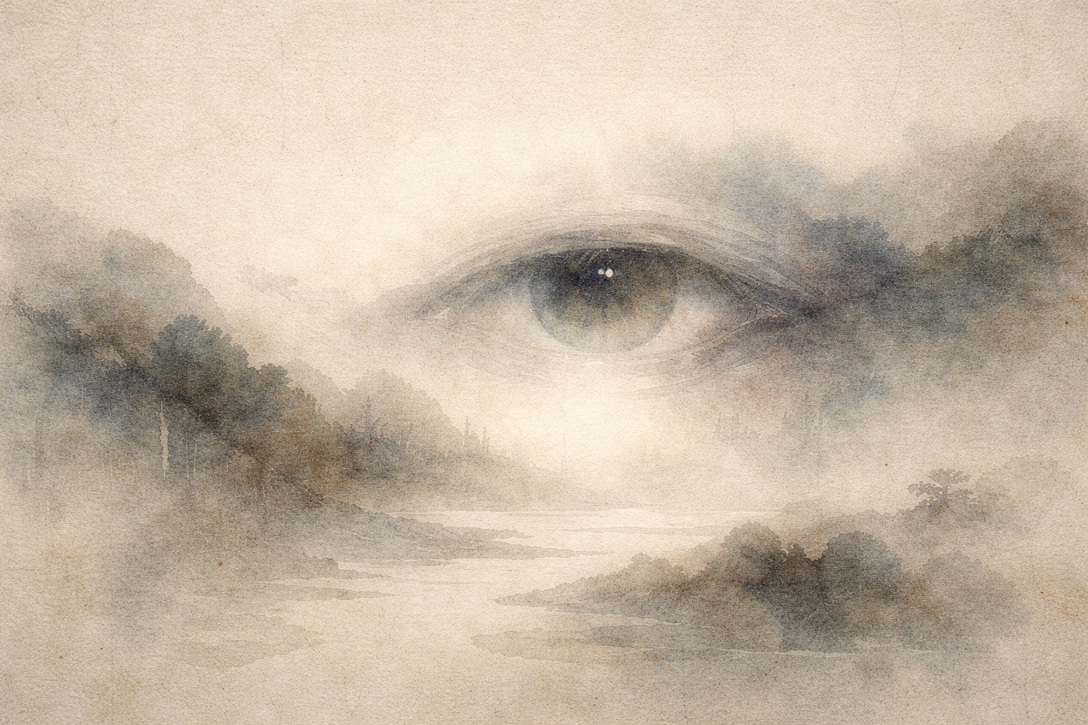 Soft watercolor-style illustration of a single eye emerging from a misty landscape of mountains and water, symbolizing mindful awareness and the Buddhist teaching that true understanding begins by observing the mind with clarity, calmness, and non-attachment.