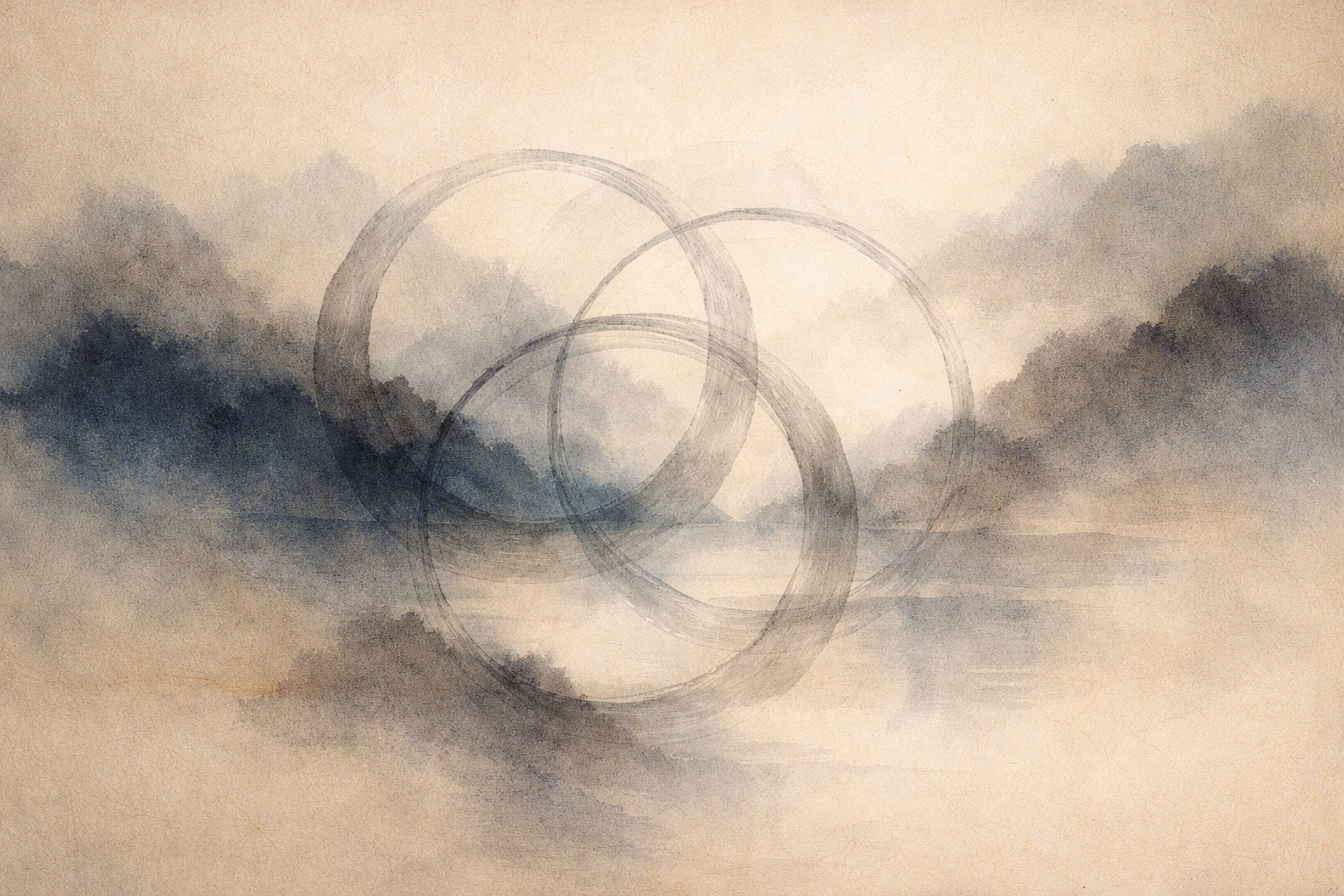 Minimalist watercolor-style illustration of interlocking circular brushstrokes floating within a misty landscape, symbolizing the repetitive cycle of suffering and the Buddhist teaching that awareness can break habitual patterns and open the path to liberation.