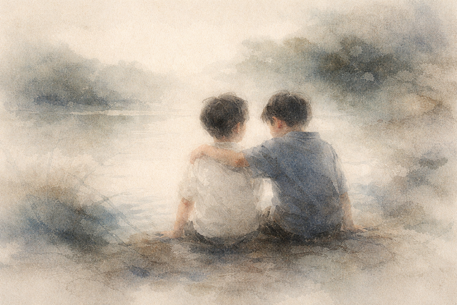 穏やかな水辺で寄り添って座る二人の子どもを描いた柔らかな水彩風イラスト。一人がもう一人の肩に腕を回しており、仏教の教えにおける慈悲、優しさ、人と人とのあたたかなつながりを象徴している。
