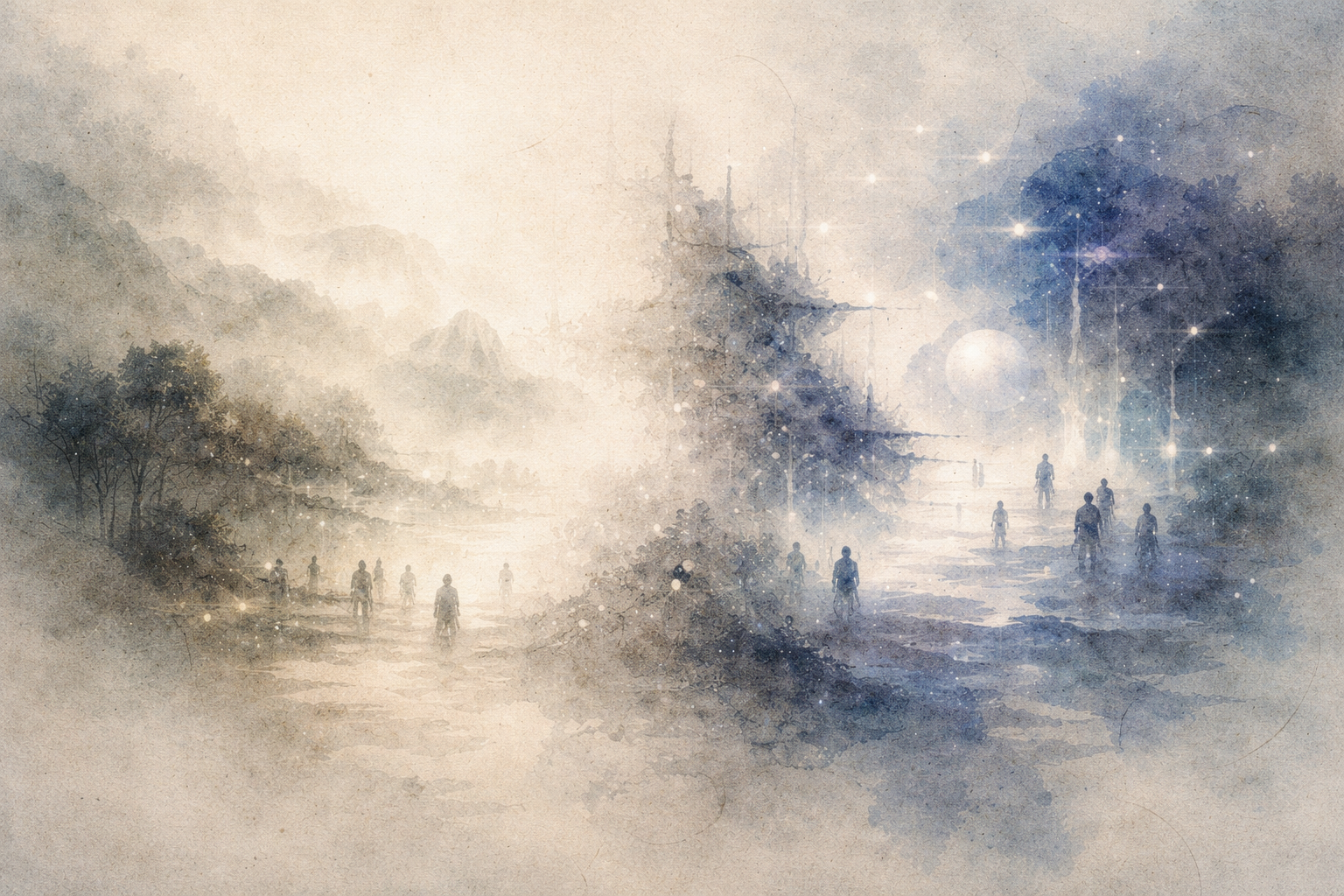 Dreamlike watercolor-style illustration of figures walking along a shared path toward a luminous horizon, symbolizing compassion for others, interconnectedness, and the Buddhist journey toward collective awakening.
