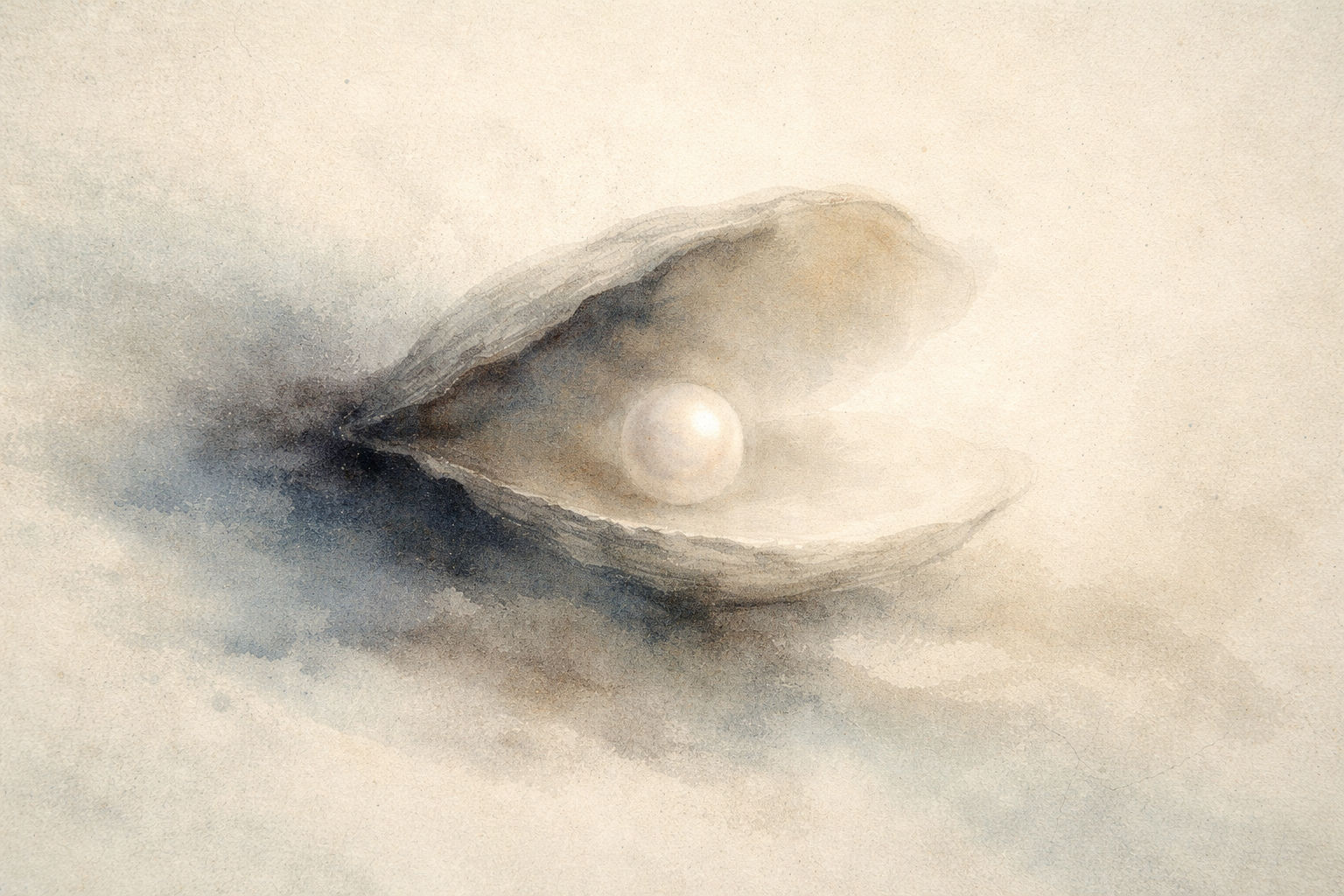 Subtle watercolor-style illustration of an open shell revealing a single pearl, symbolizing desire, attachment, and the Buddhist reflection on the nature of longing and inner value.