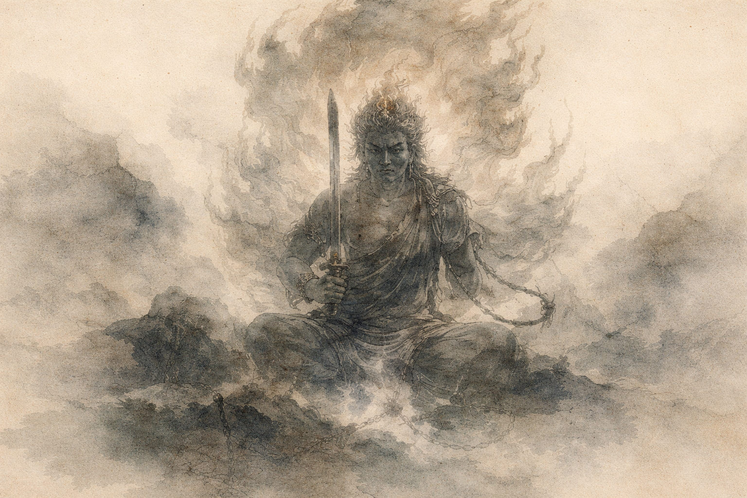 Watercolor-style illustration of a fierce warrior-like figure seated in meditation, holding a sword amid swirling smoke and broken chains, symbolizing the illusion of ego and the Buddhist teaching that true liberation comes from cutting through attachment to the false self.