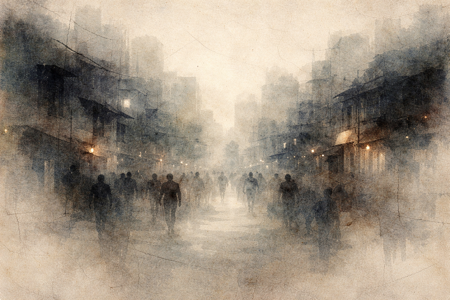 Atmospheric watercolor-style illustration of people walking through a misty city street lined with softly glowing lights, symbolizing everyday life and the Buddhist teaching that mindfulness can be found even within ordinary moments and busy surroundings.