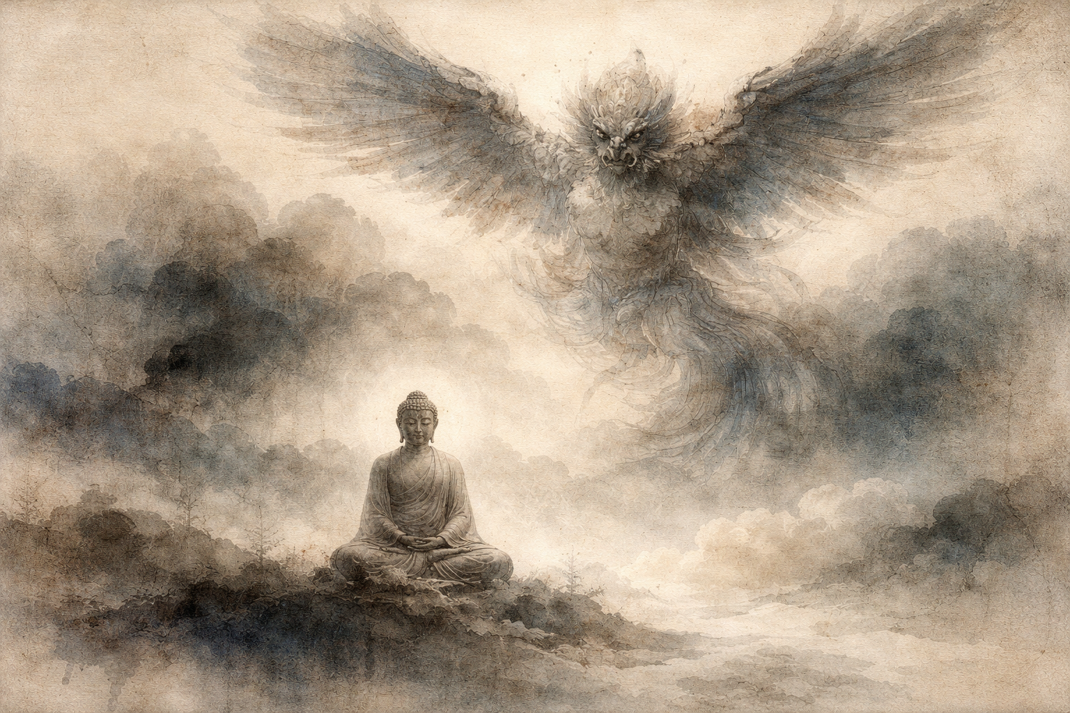 Atmospheric watercolor-style illustration of a meditating Buddha facing a powerful mythical bird emerging from clouds, symbolizing confronting fear and discovering inner strength through Buddhist wisdom.