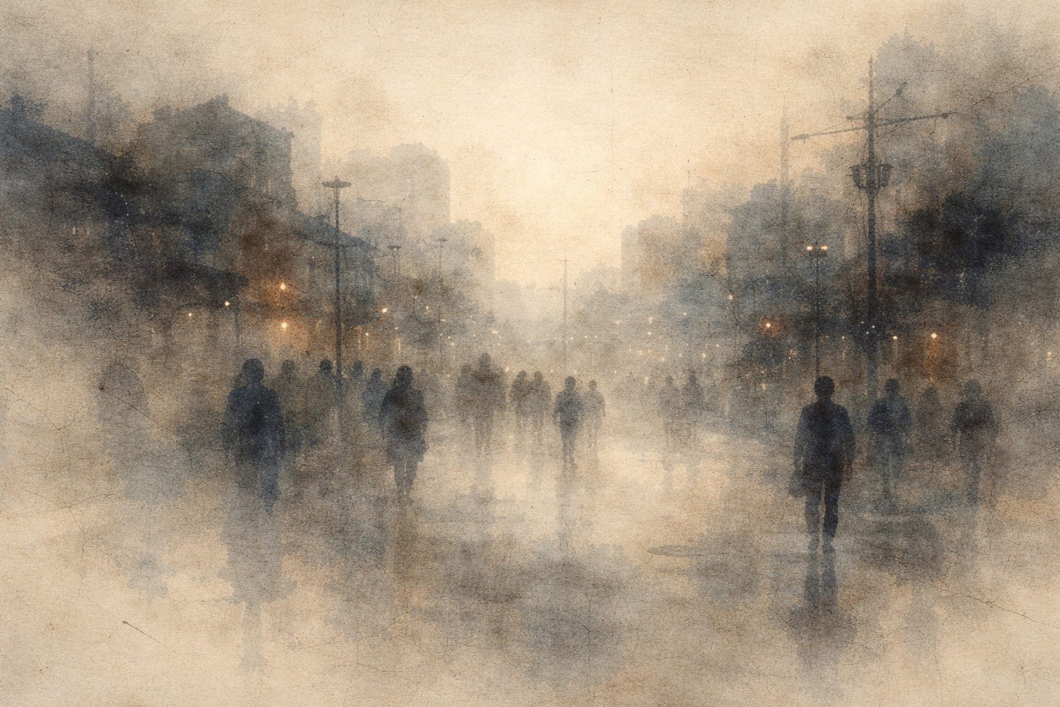 Soft watercolor-style illustration of people walking through a misty city street, symbolizing the quiet release of worry and the Zen practice of letting thoughts pass like drifting fog.