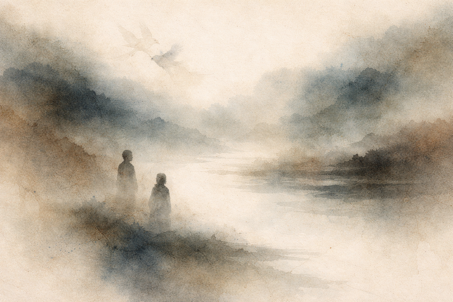 Soft watercolor-style illustration of two small figures standing quietly by a mist-covered river while birds fly overhead, symbolizing the search for meaning in life and the Buddhist teaching that purpose unfolds through awareness, simplicity, and harmony with the present moment.