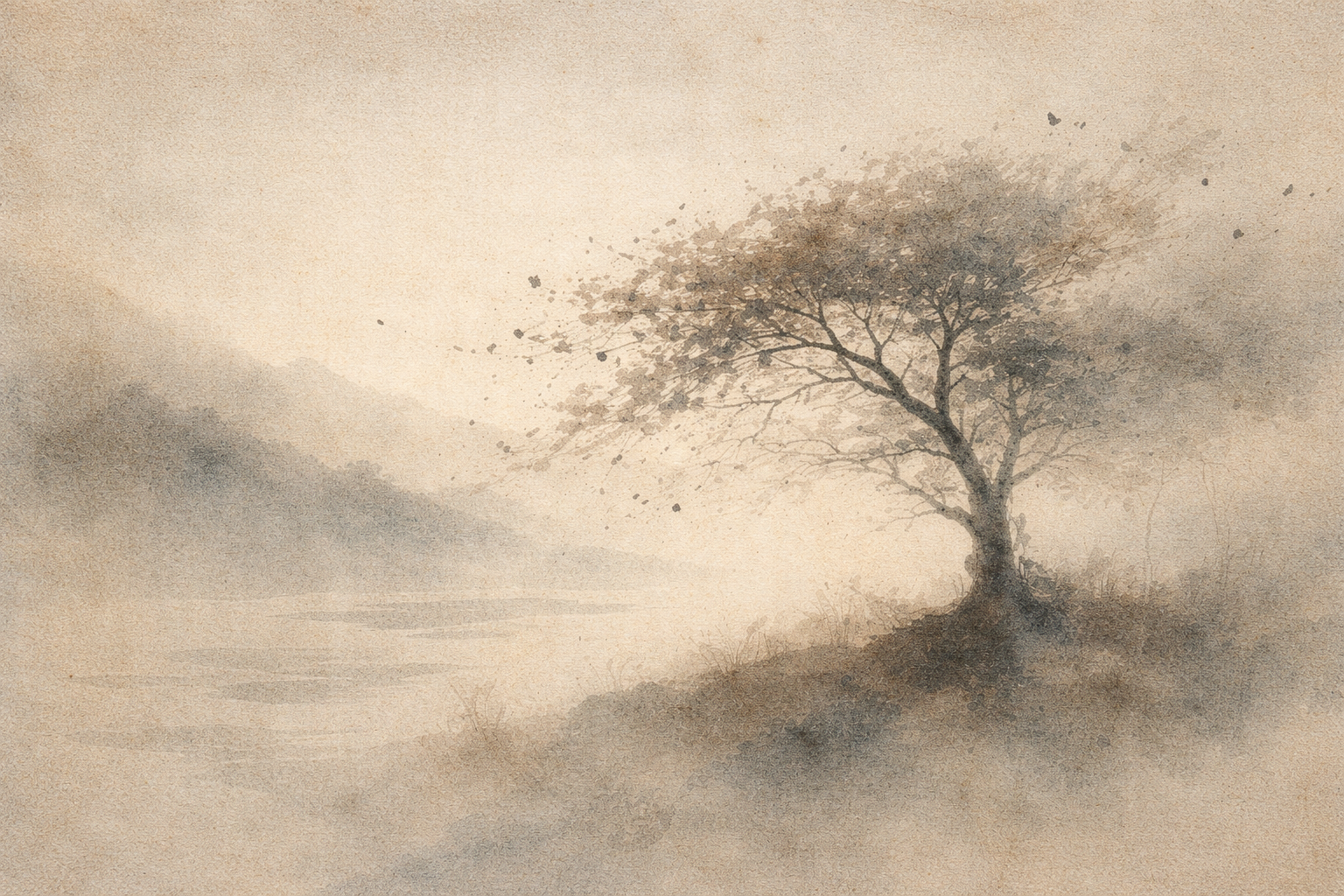 Minimalist watercolor-style illustration of a solitary tree on a quiet misty landscape, its leaves gently drifting away, symbolizing release from suffering and the peaceful freedom expressed in Buddhist teachings.