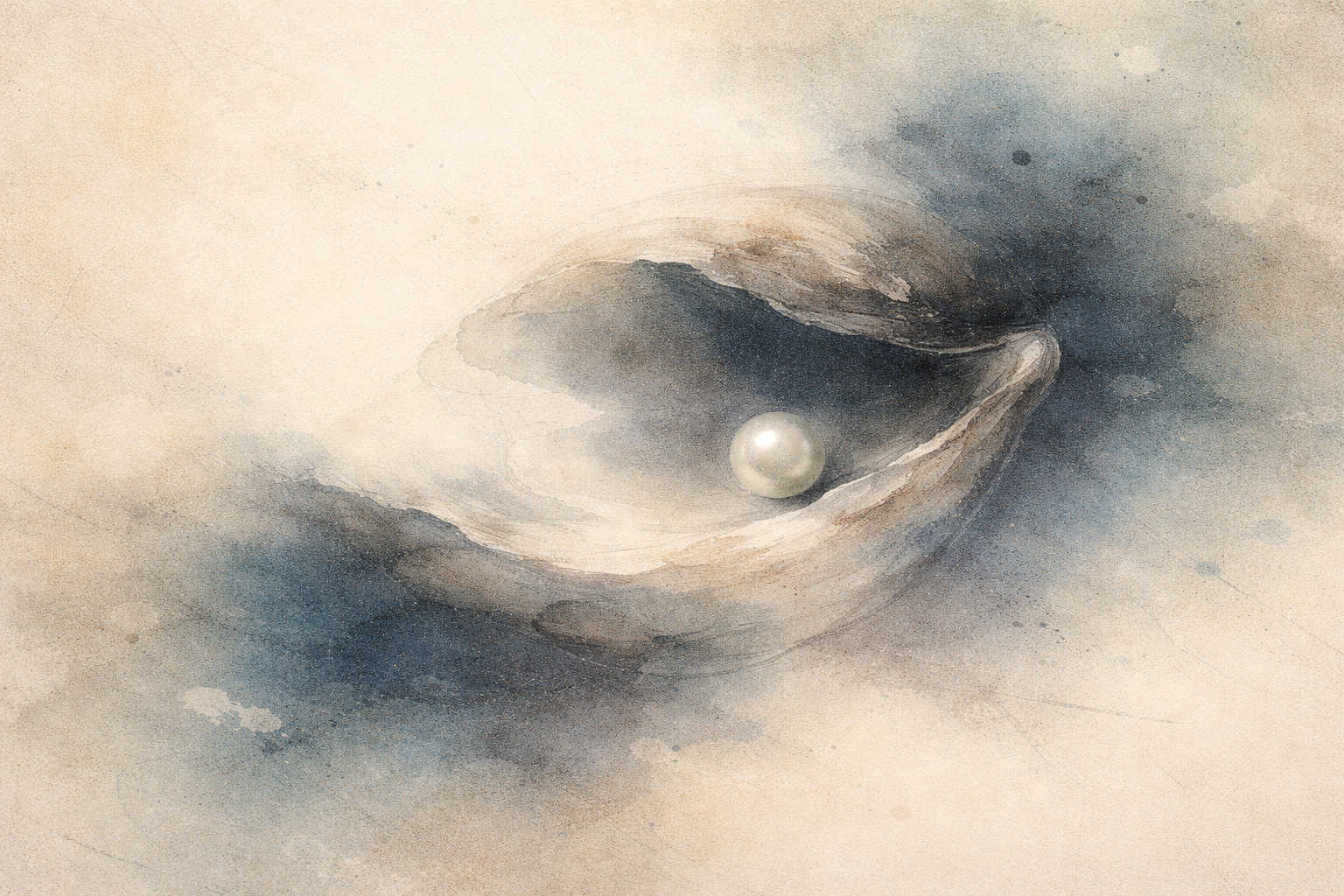 Minimalist watercolor-style illustration of an open oyster shell holding a single luminous pearl, surrounded by soft mist, symbolizing desire, attachment, and the Buddhist teaching that true value is not found in possession but in inner clarity and freedom from greed.