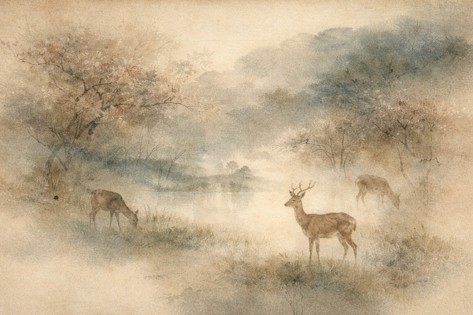 穏やかな水辺とやさしい木々に囲まれた霧の風景の中で、鹿が静かに草を食む様子を描いた水彩風イラスト。自然との調和、心の静けさ、そして日々の生活の中で内なるバランスを育むという仏教の教えを象徴している。