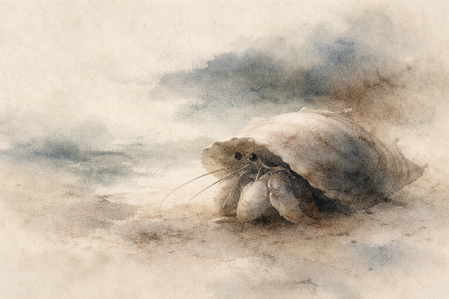 Gentle watercolor-style illustration of a hermit crab on a quiet shoreline, symbolizing impermanence, change, and the Buddhist understanding of life’s constant transformation.
