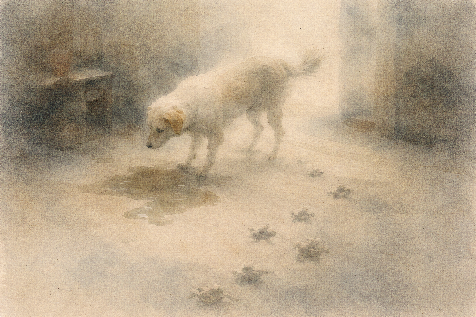 Soft watercolor-style illustration of a quiet dog gently walking through a misty, minimal space, leaving faint footprints behind, symbolizing the calm simplicity of inner peace and the Buddhist teaching that tranquility arises through mindful presence and gentle awareness.
